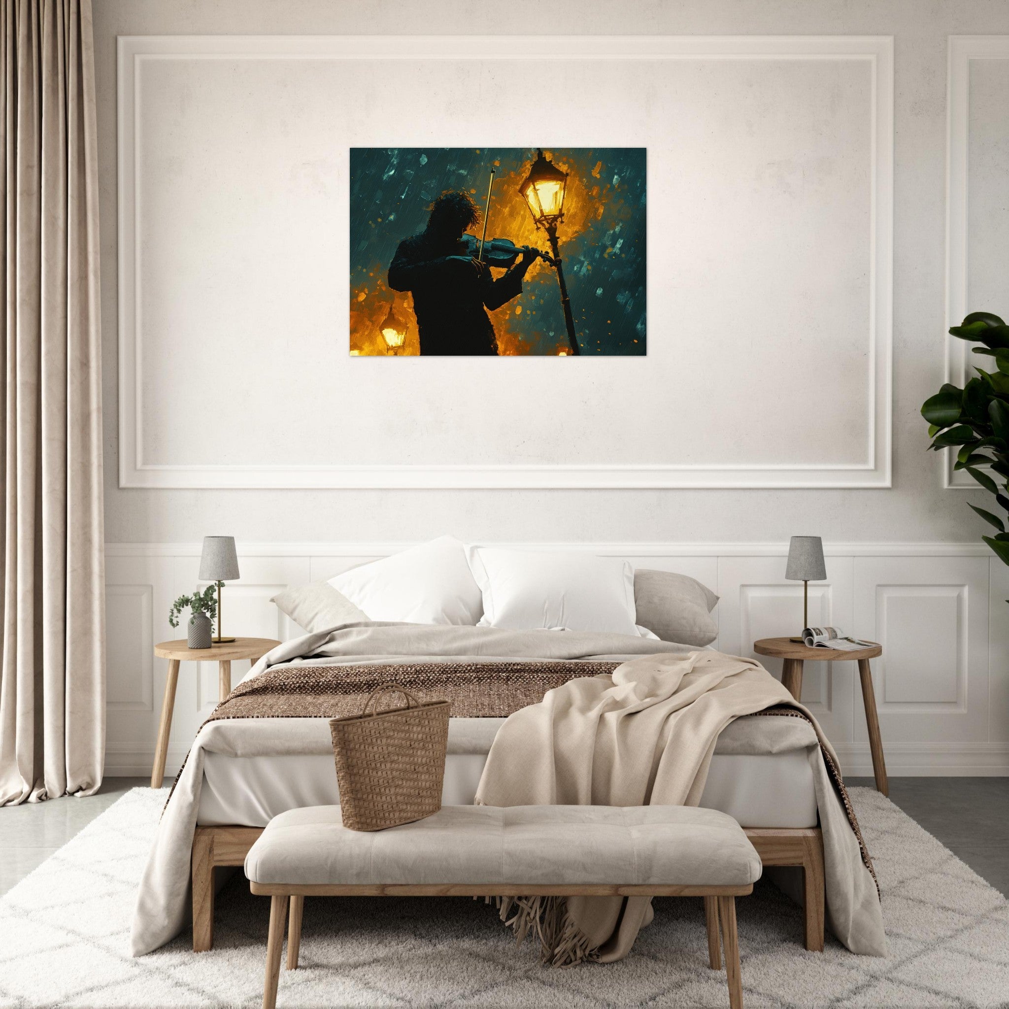 Aluminum Print Landscape - A lone violinist stands beneath a flickering sir - Shop Ai Art WebShop - Digital Art online Store