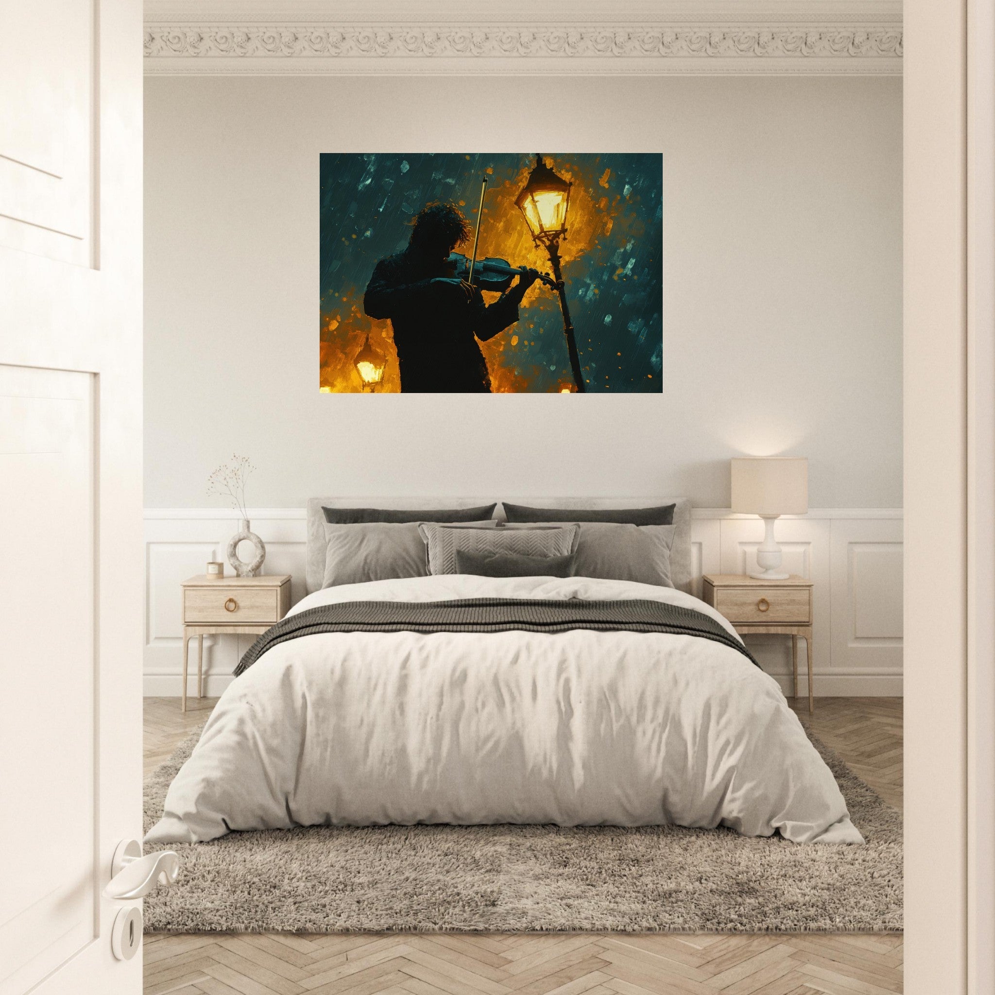 Aluminum Print Landscape - A lone violinist stands beneath a flickering sir - Shop Ai Art WebShop - Digital Art online Store