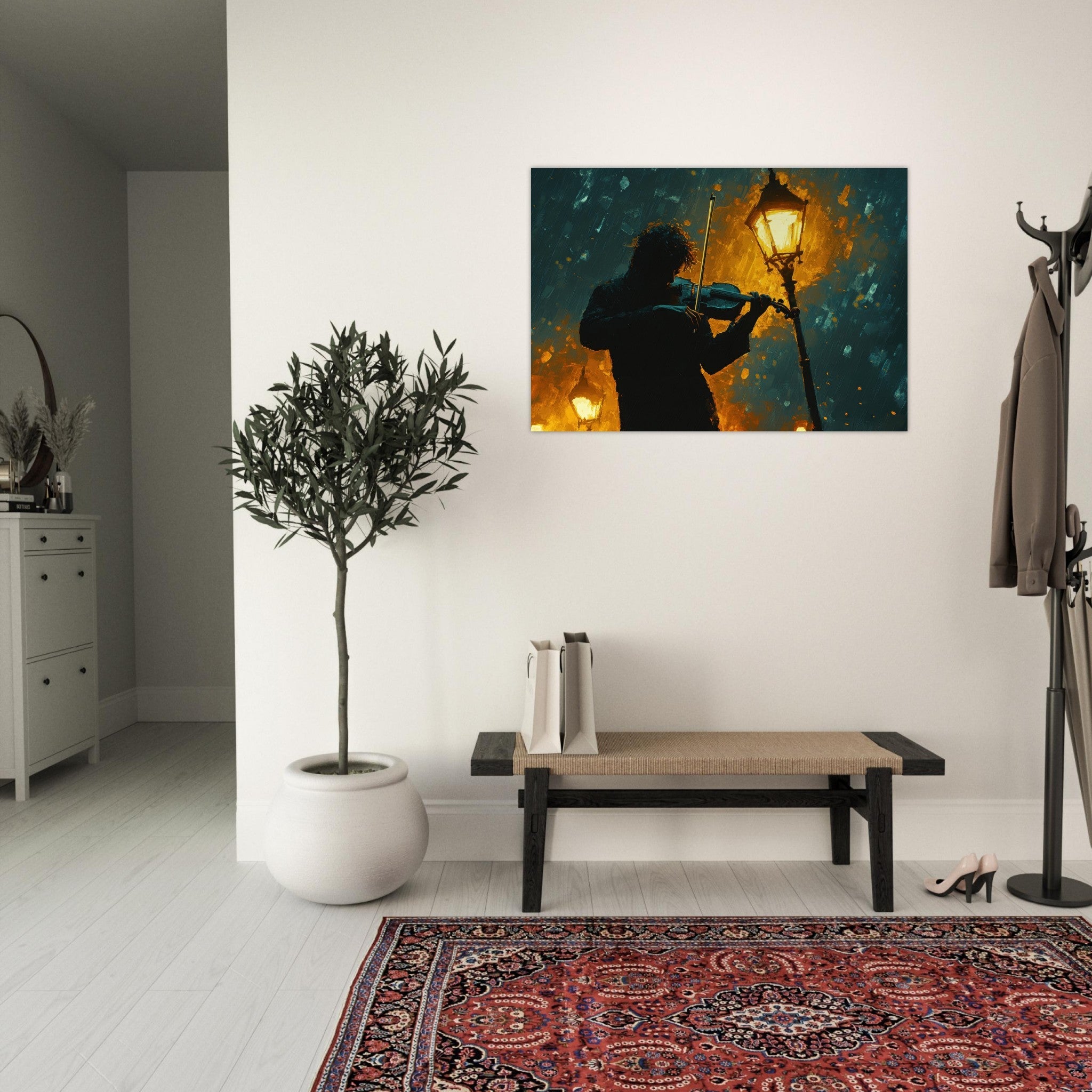 Aluminum Print Landscape - A lone violinist stands beneath a flickering sir - Shop Ai Art WebShop - Digital Art online Store