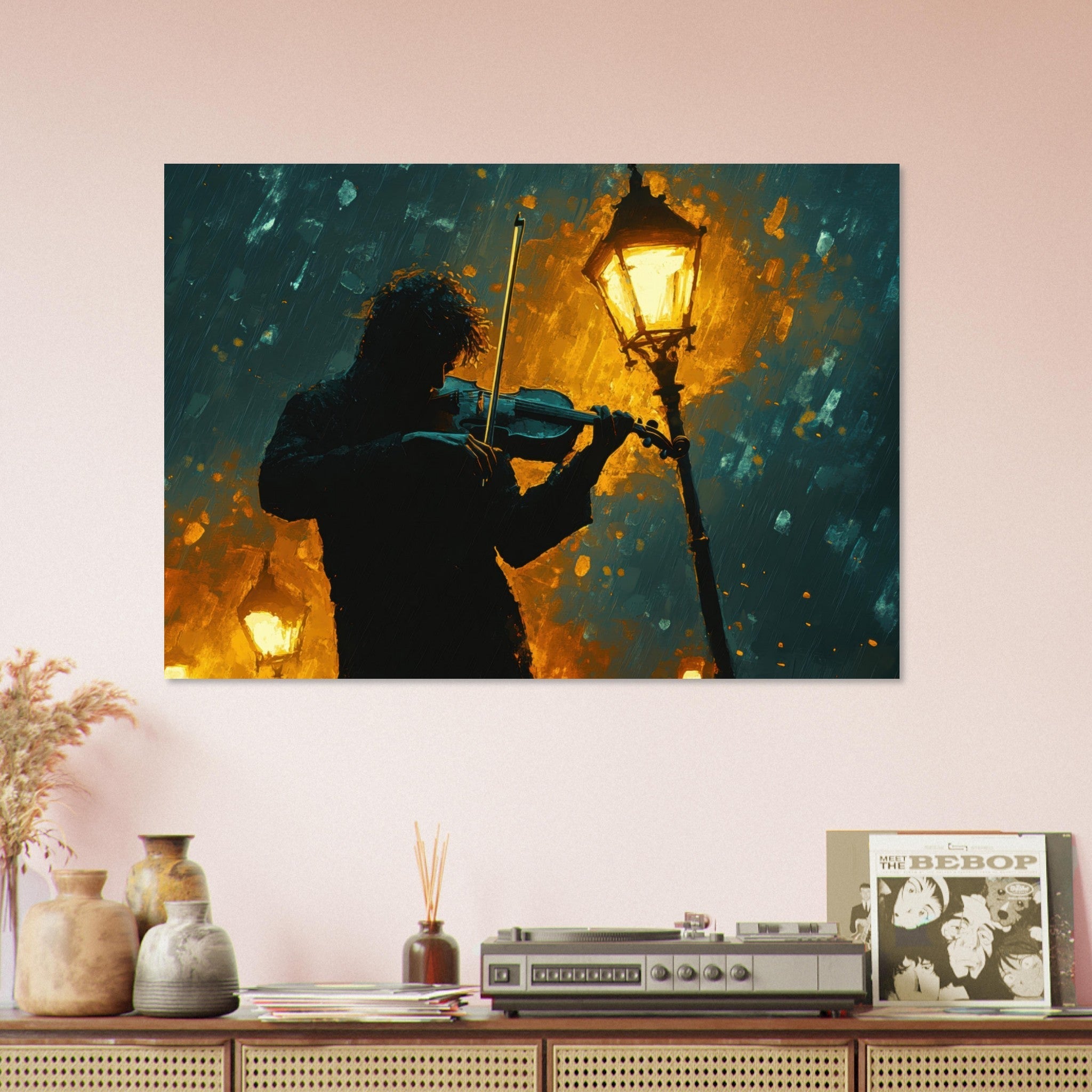 Aluminum Print Landscape - A lone violinist stands beneath a flickering sir - Shop Ai Art WebShop - Digital Art online Store