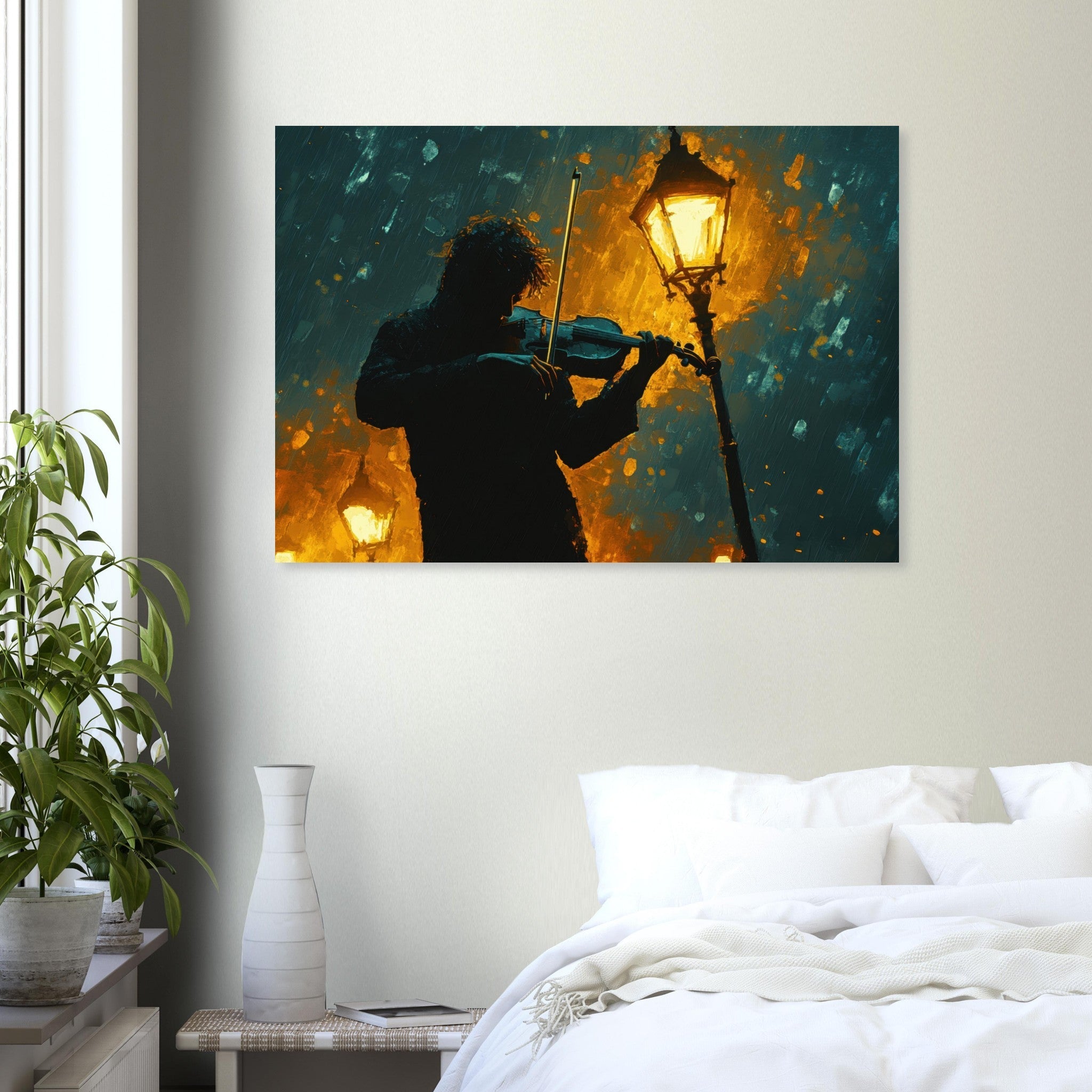 Aluminum Print Landscape - A lone violinist stands beneath a flickering sir - Shop Ai Art WebShop - Digital Art online Store