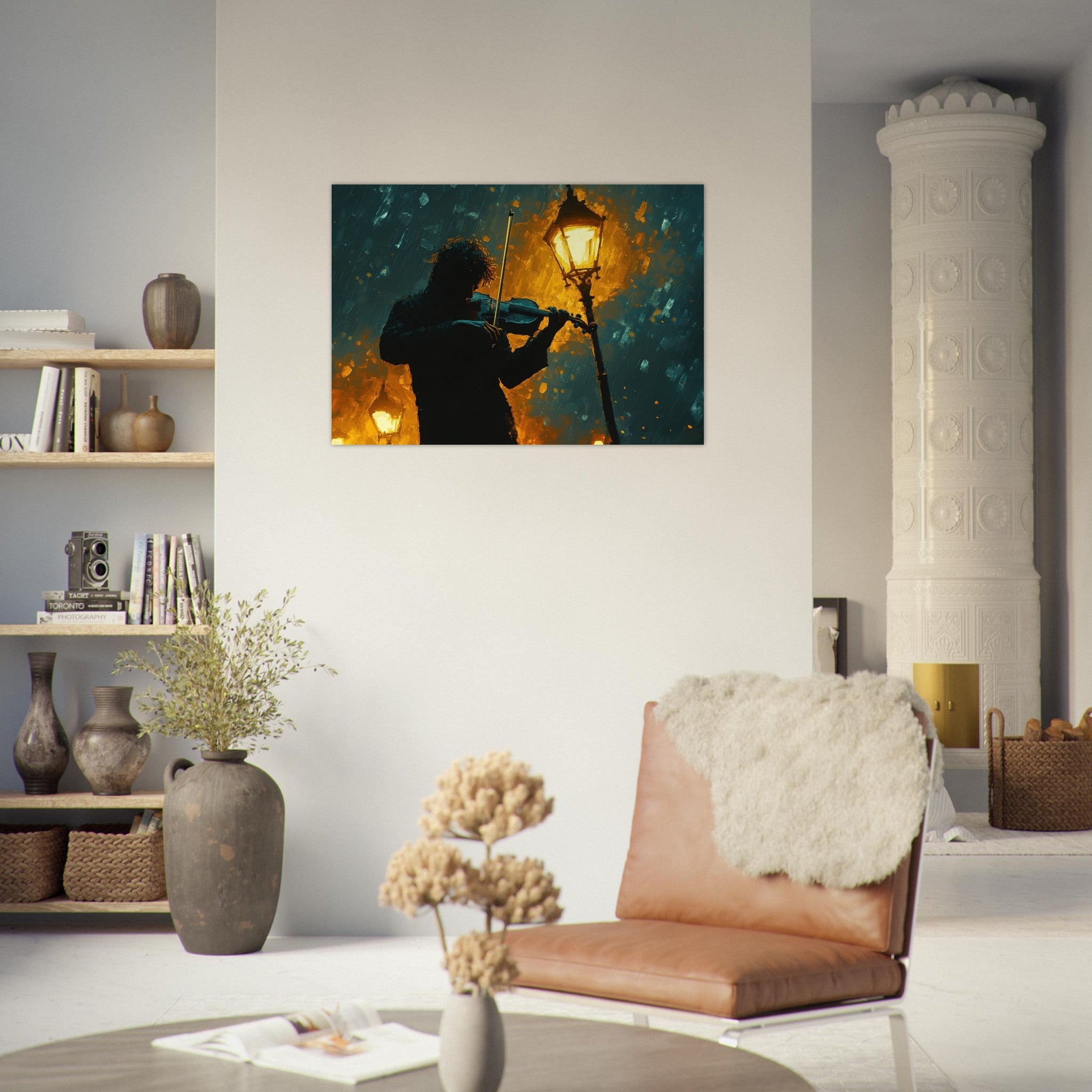 Aluminum Print Landscape - A lone violinist stands beneath a flickering sir - Shop Ai Art WebShop - Digital Art online Store