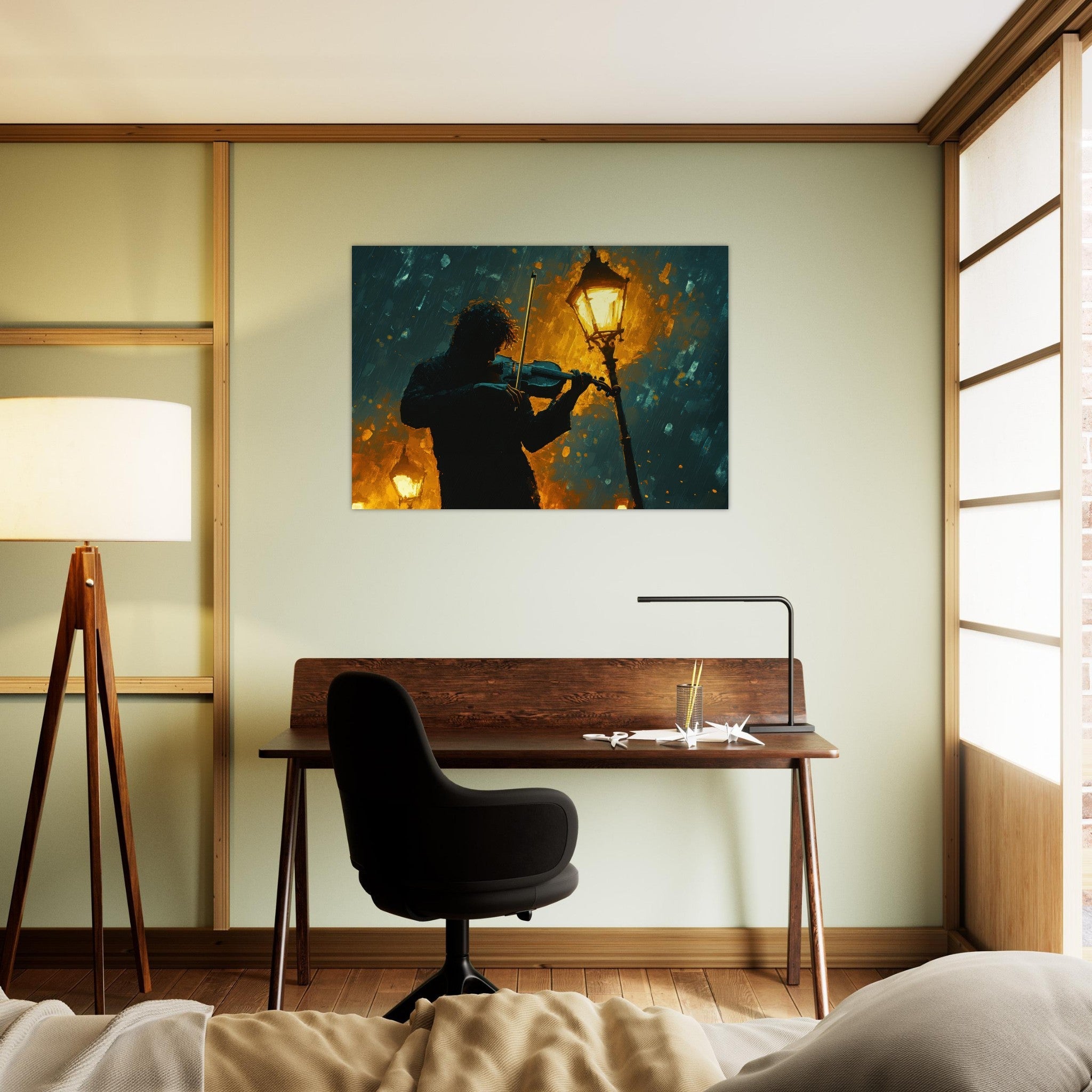 Aluminum Print Landscape - A lone violinist stands beneath a flickering sir - Shop Ai Art WebShop - Digital Art online Store