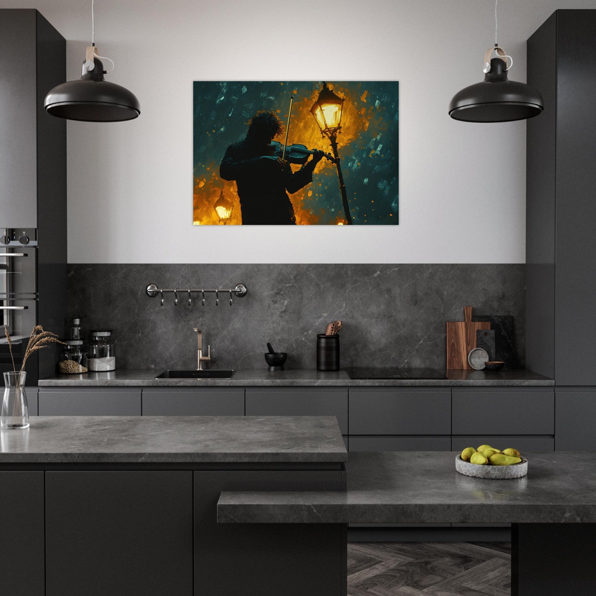 Aluminum Print Landscape - A lone violinist stands beneath a flickering sir - Shop Ai Art WebShop - Digital Art online Store