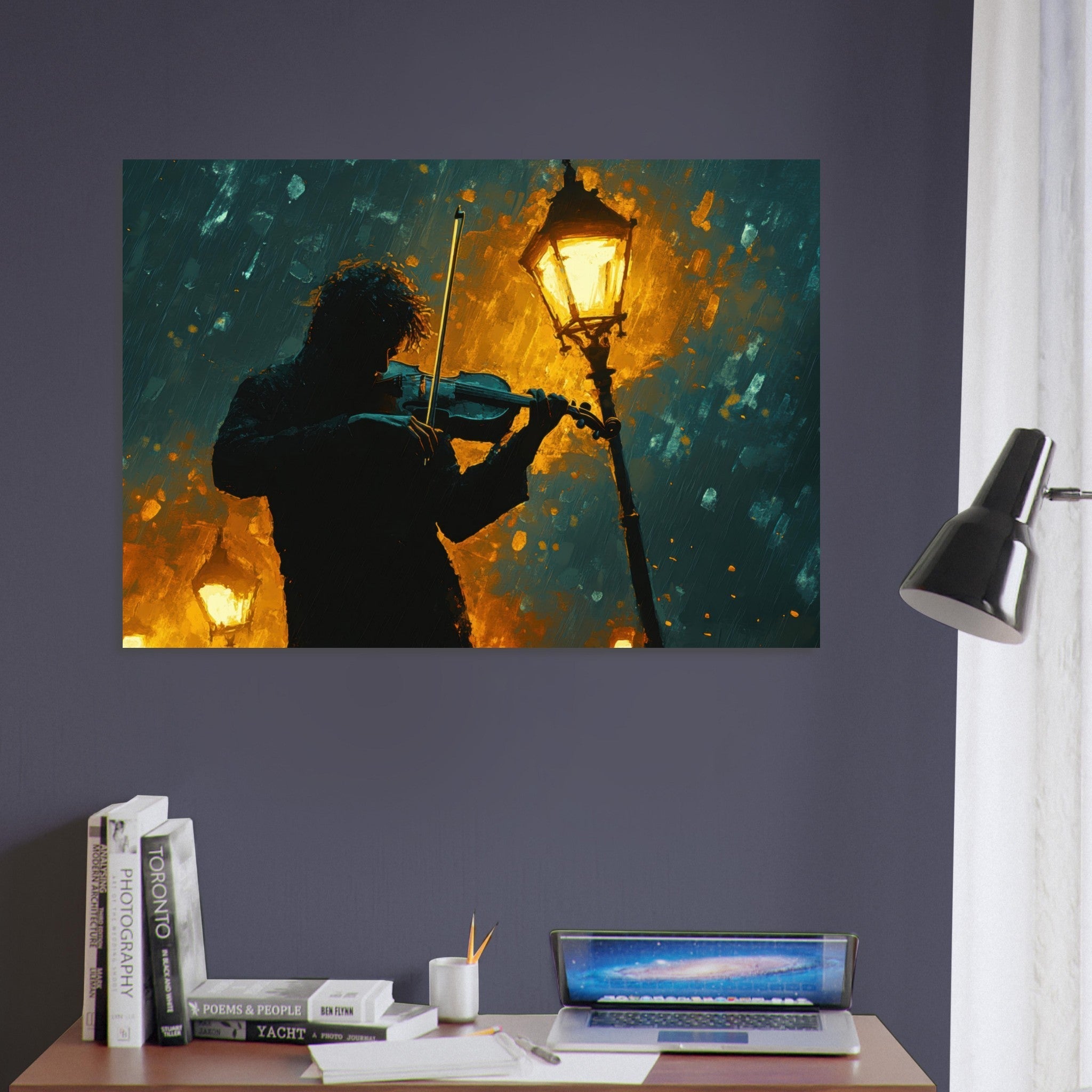 Aluminum Print Landscape - A lone violinist stands beneath a flickering sir - Shop Ai Art WebShop - Digital Art online Store