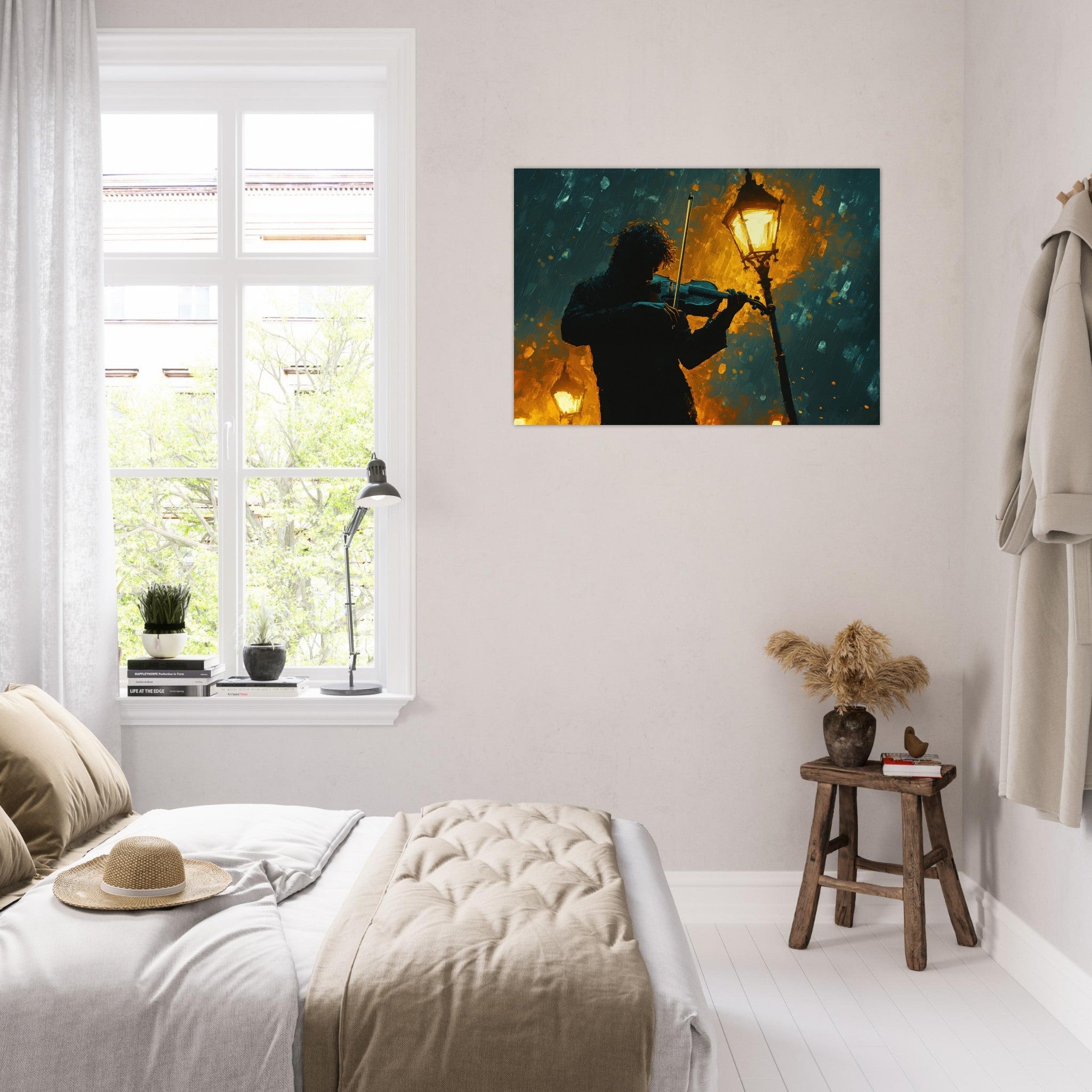 Aluminum Print Landscape - A lone violinist stands beneath a flickering sir - Shop Ai Art WebShop - Digital Art online Store