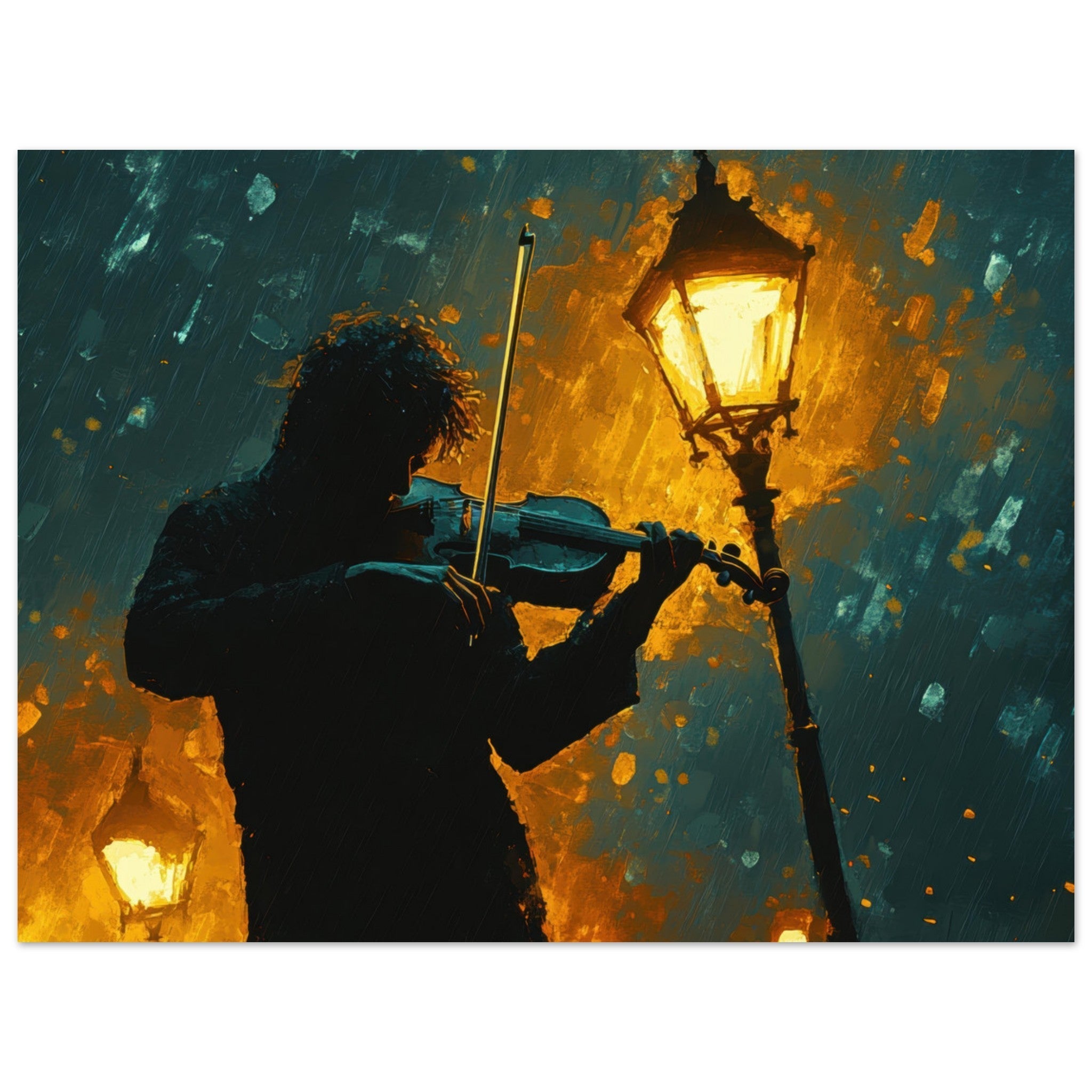 Aluminum Print Landscape - A lone violinist stands beneath a flickering sir - Shop Ai Art WebShop - Digital Art online Store