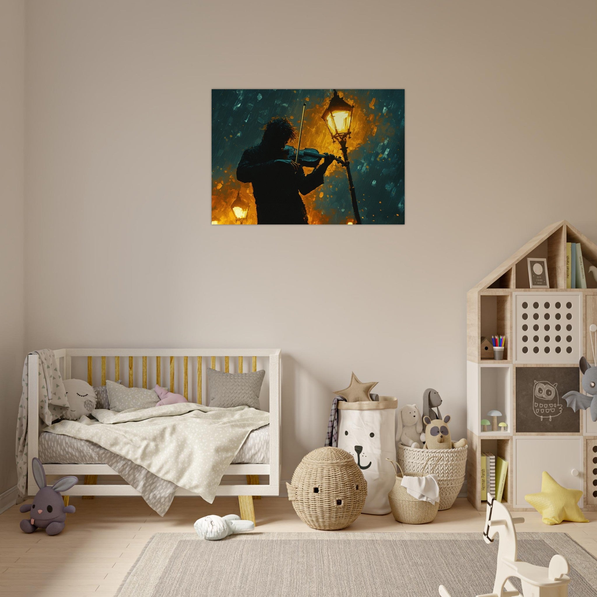 Aluminum Print Landscape - A lone violinist stands beneath a flickering sir - Shop Ai Art WebShop - Digital Art online Store