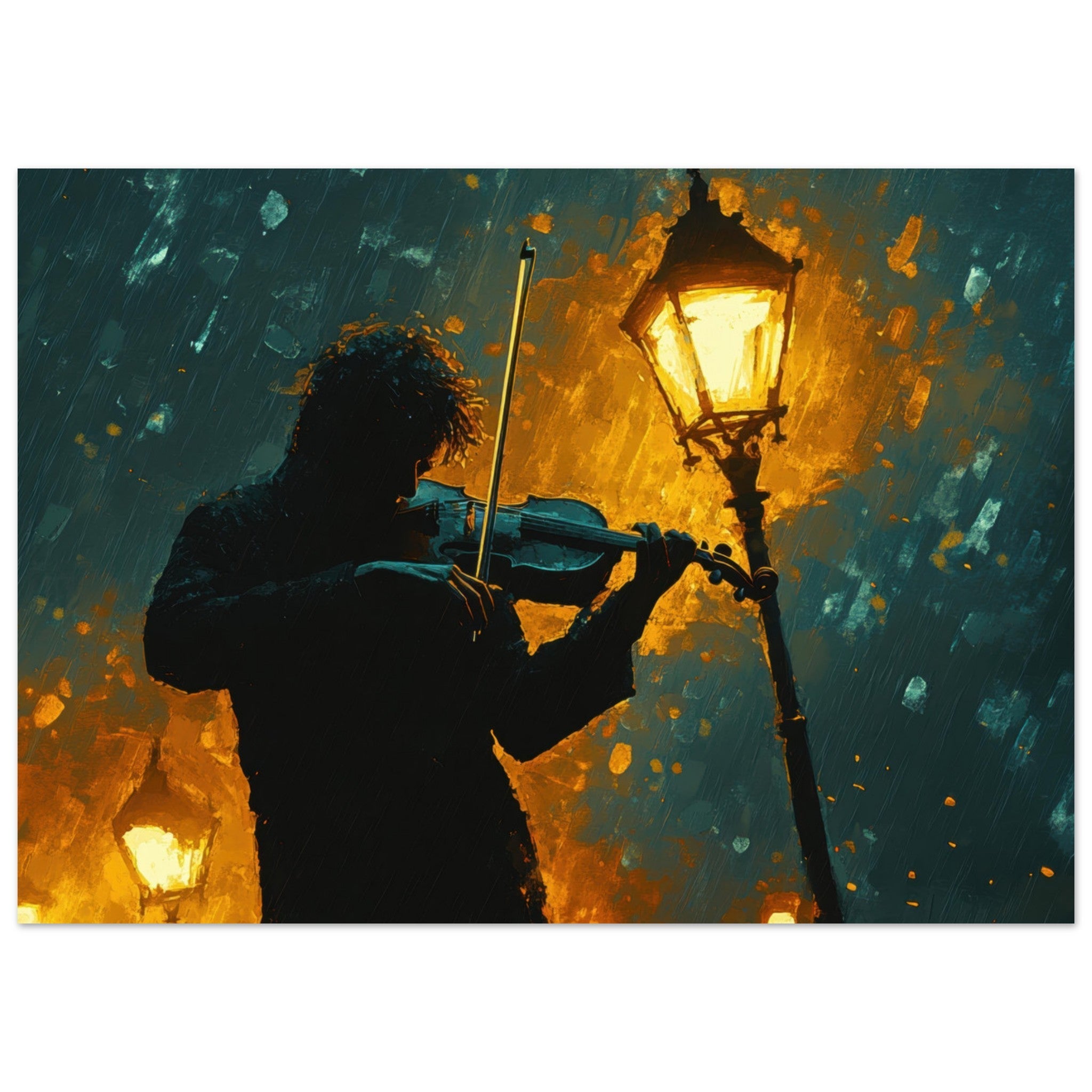 Aluminum Print Landscape - A lone violinist stands beneath a flickering sir - Shop Ai Art WebShop - Digital Art online Store