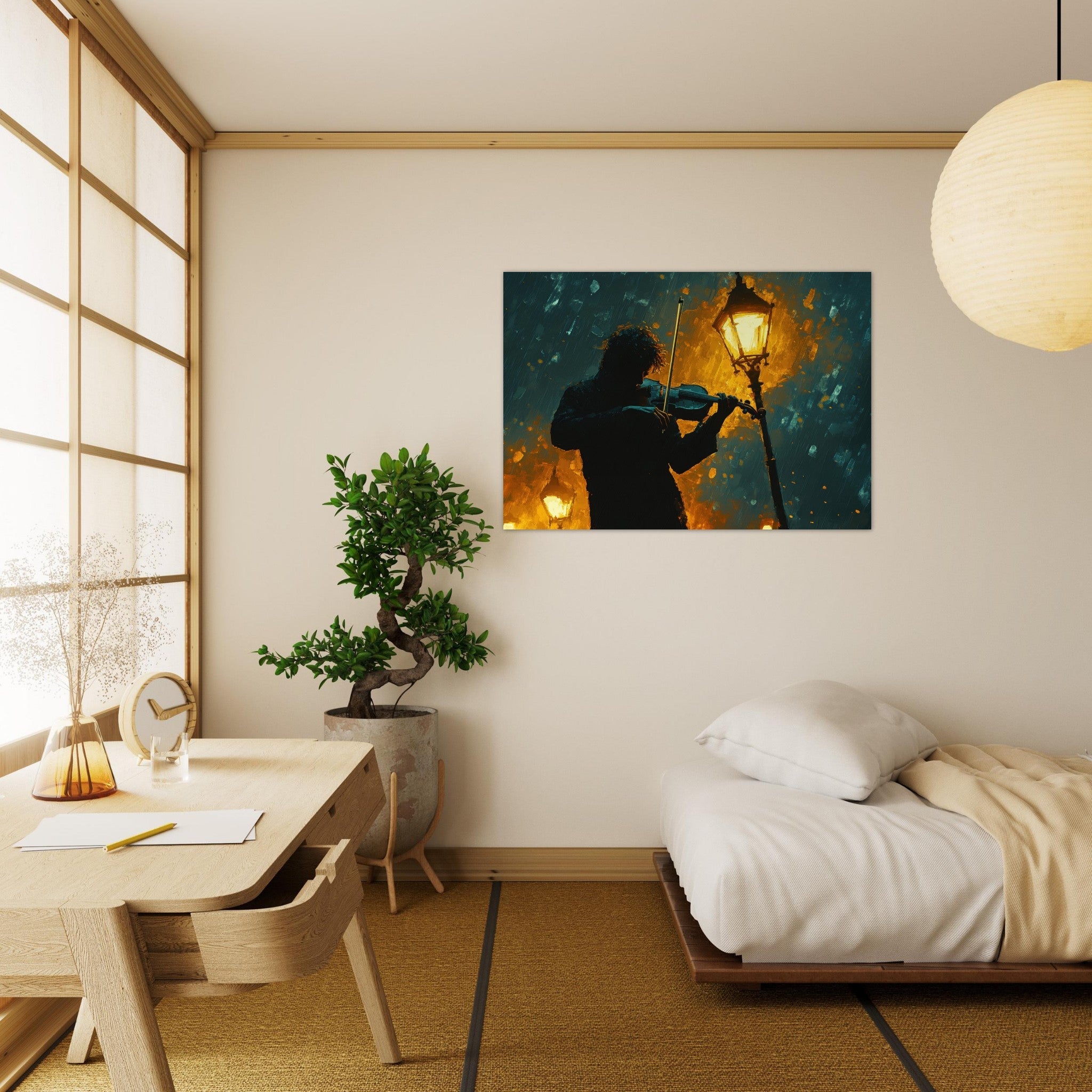 Aluminum Print Landscape - A lone violinist stands beneath a flickering sir - Shop Ai Art WebShop - Digital Art online Store