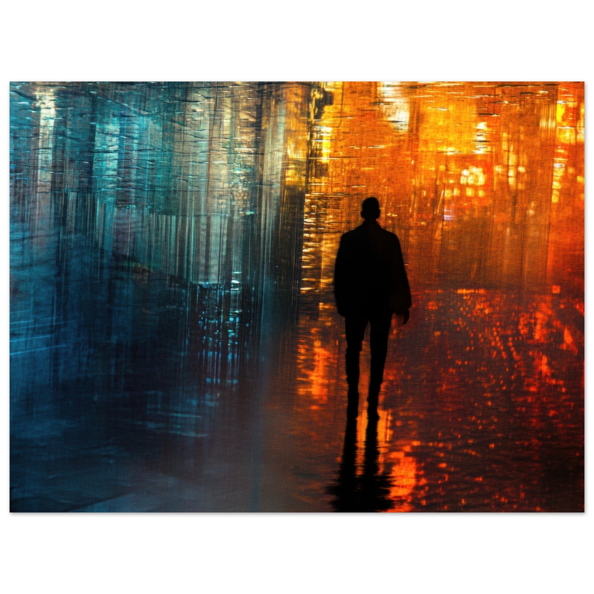 Aluminum Print Landscape - A lonely figure walks the rain - drenched streets - Shop Ai Art WebShop - Digital Art online Store