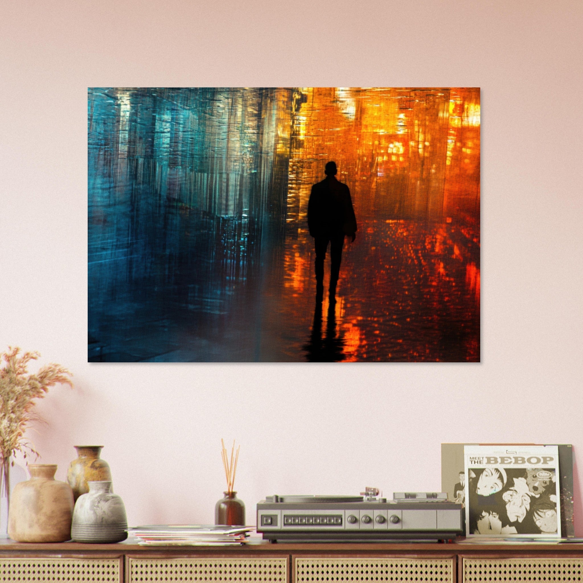 Aluminum Print Landscape - A lonely figure walks the rain - drenched streets - Shop Ai Art WebShop - Digital Art online Store