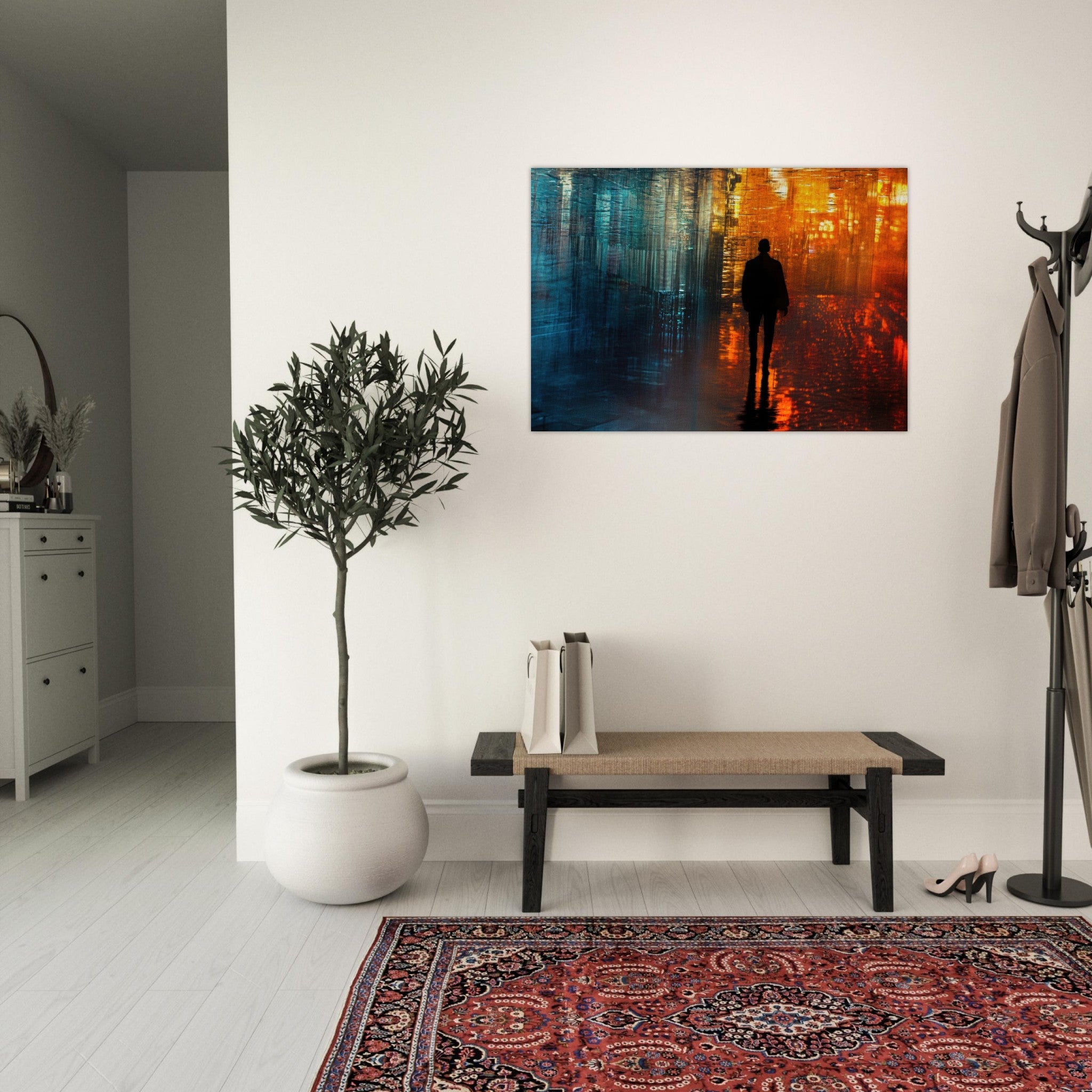 Aluminum Print Landscape - A lonely figure walks the rain - drenched streets - Shop Ai Art WebShop - Digital Art online Store