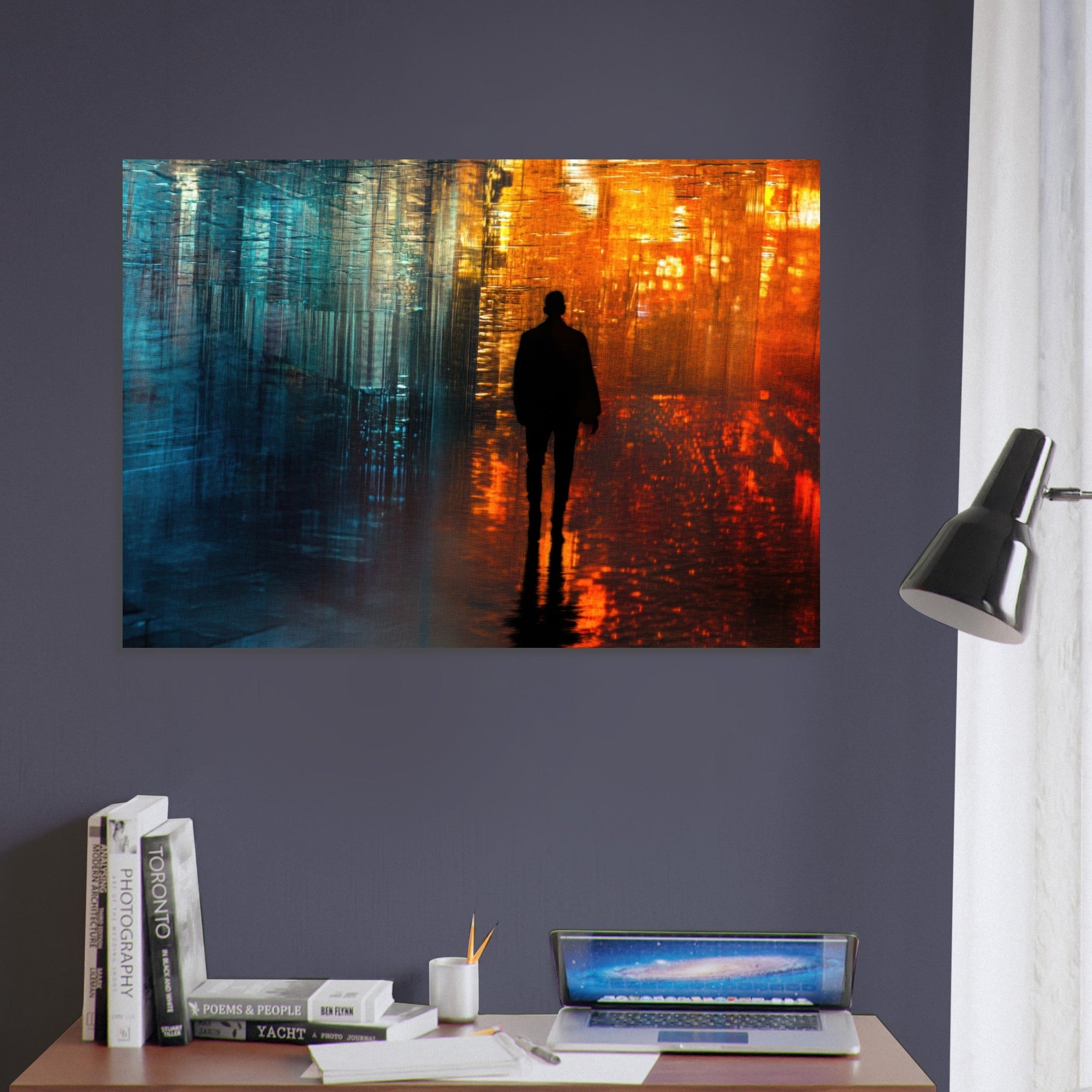 Aluminum Print Landscape - A lonely figure walks the rain - drenched streets - Shop Ai Art WebShop - Digital Art online Store