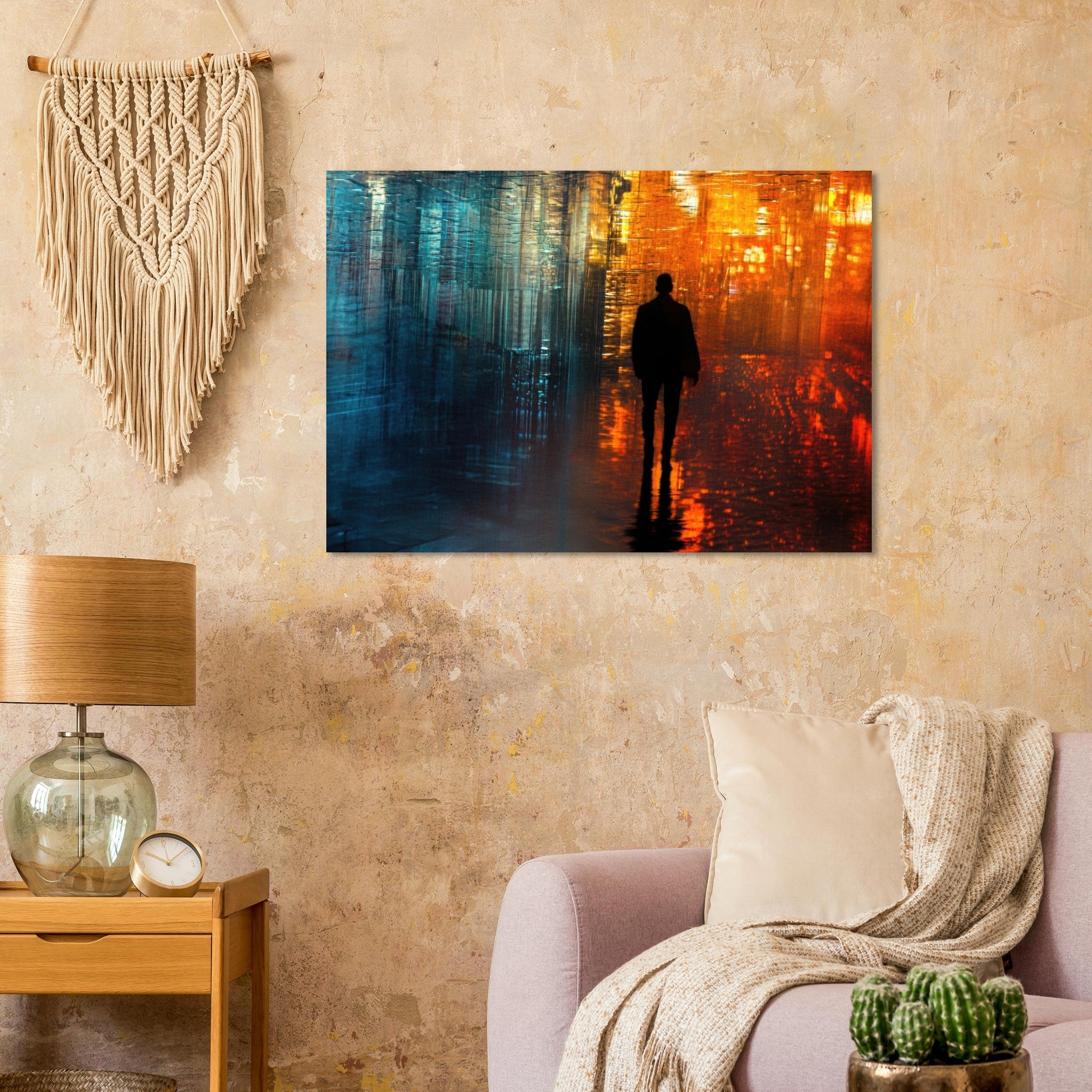 Aluminum Print Landscape - A lonely figure walks the rain - drenched streets - Shop Ai Art WebShop - Digital Art online Store