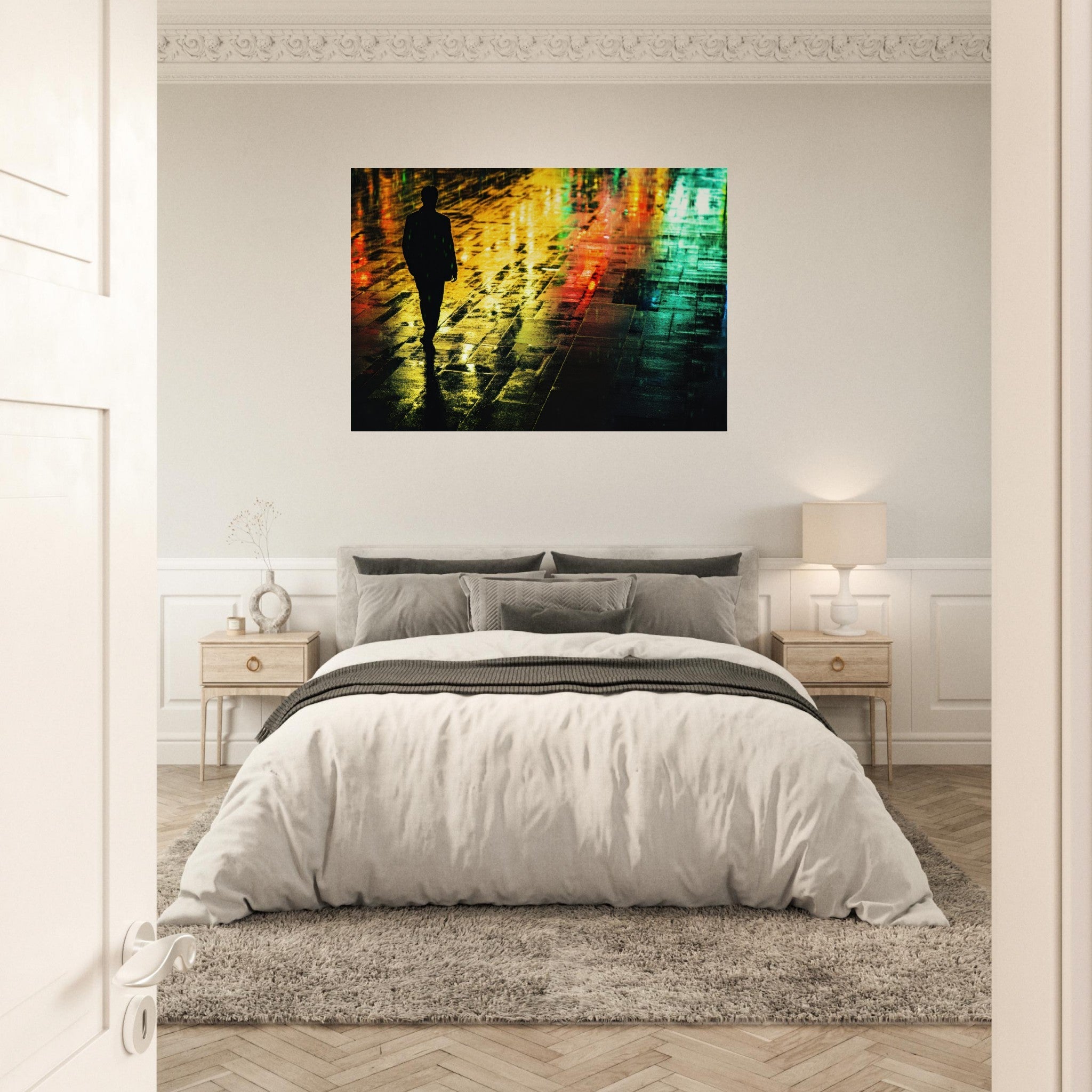 Aluminum Print Landscape - A man walks alone in the pouring rain his figure 2 - Shop Ai Art WebShop - Digital Art online Store