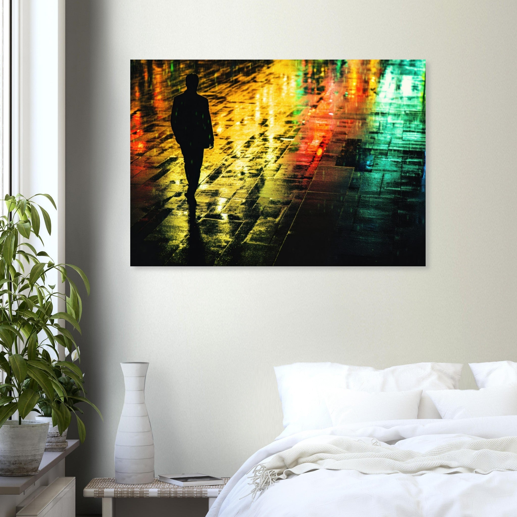 Aluminum Print Landscape - A man walks alone in the pouring rain his figure 2 - Shop Ai Art WebShop - Digital Art online Store