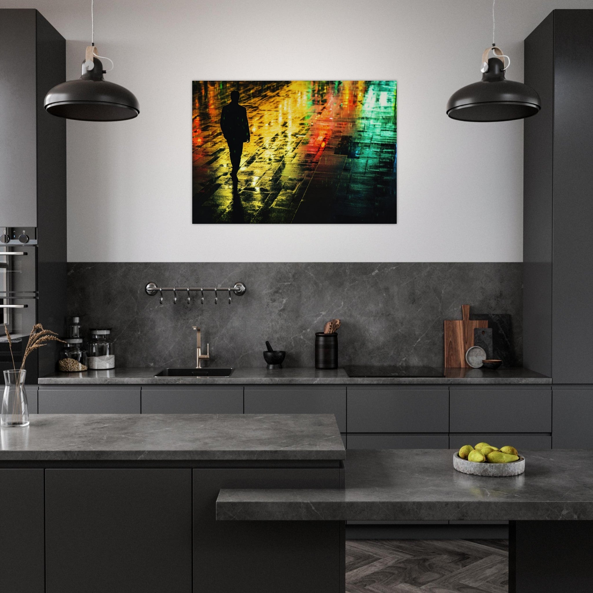 Aluminum Print Landscape - A man walks alone in the pouring rain his figure 2 - Shop Ai Art WebShop - Digital Art online Store