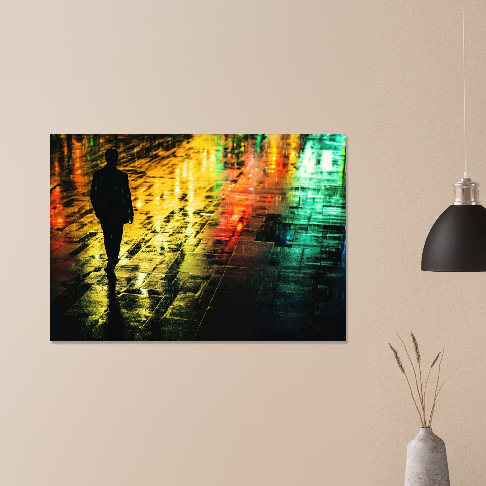 Aluminum Print Landscape - A man walks alone in the pouring rain his figure 2 - Shop Ai Art WebShop - Digital Art online Store