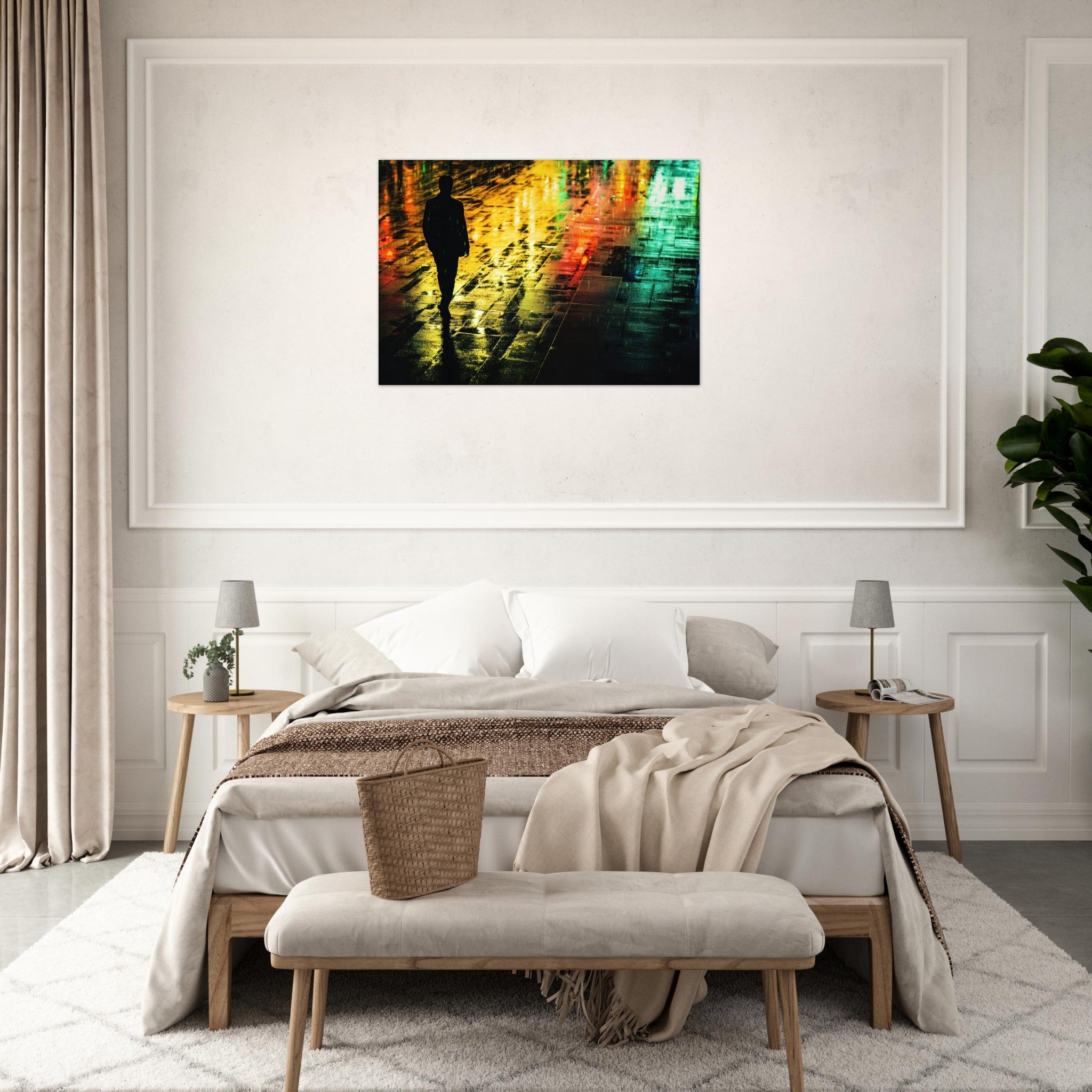 Aluminum Print Landscape - A man walks alone in the pouring rain his figure 2 - Shop Ai Art WebShop - Digital Art online Store