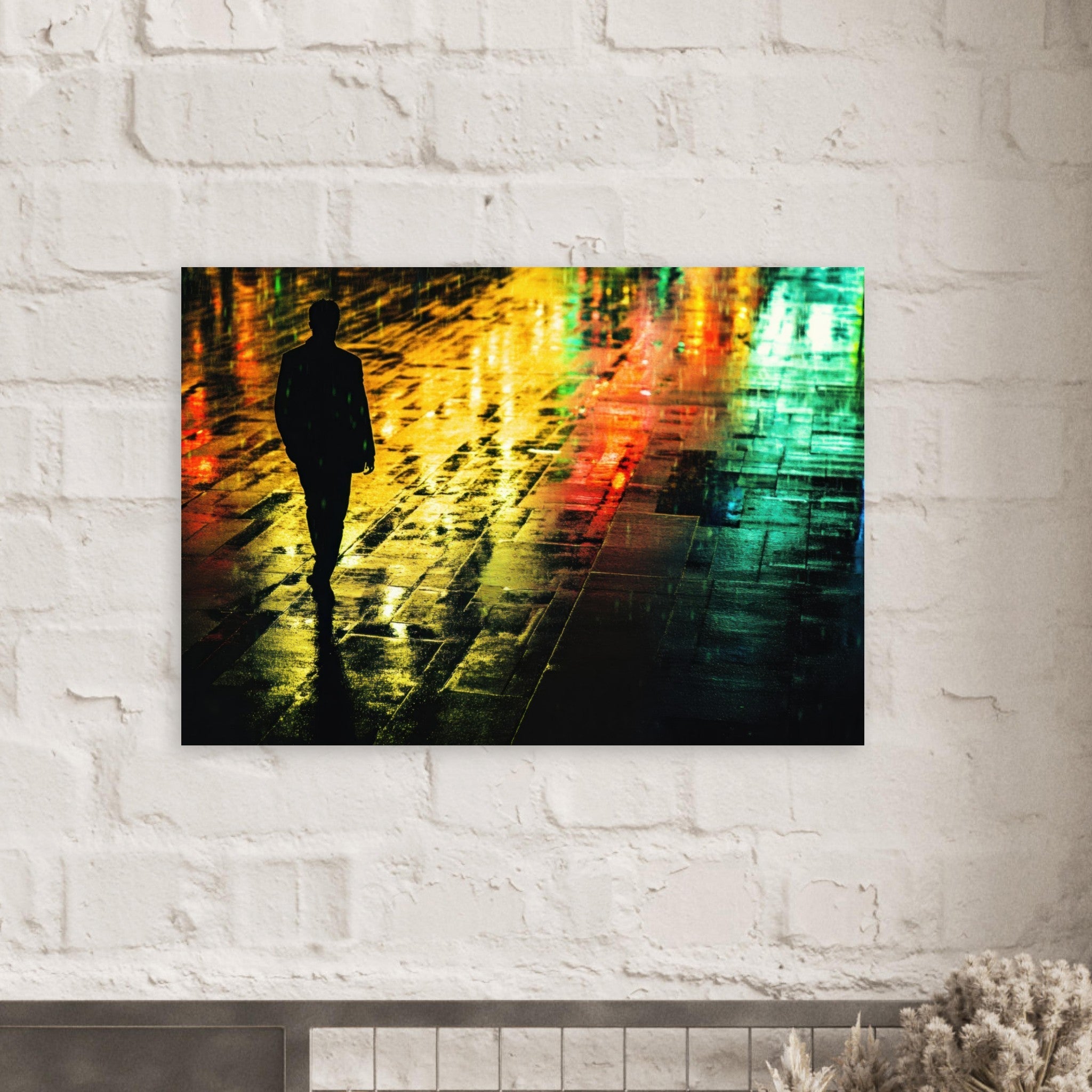 Aluminum Print Landscape - A man walks alone in the pouring rain his figure 2 - Shop Ai Art WebShop - Digital Art online Store