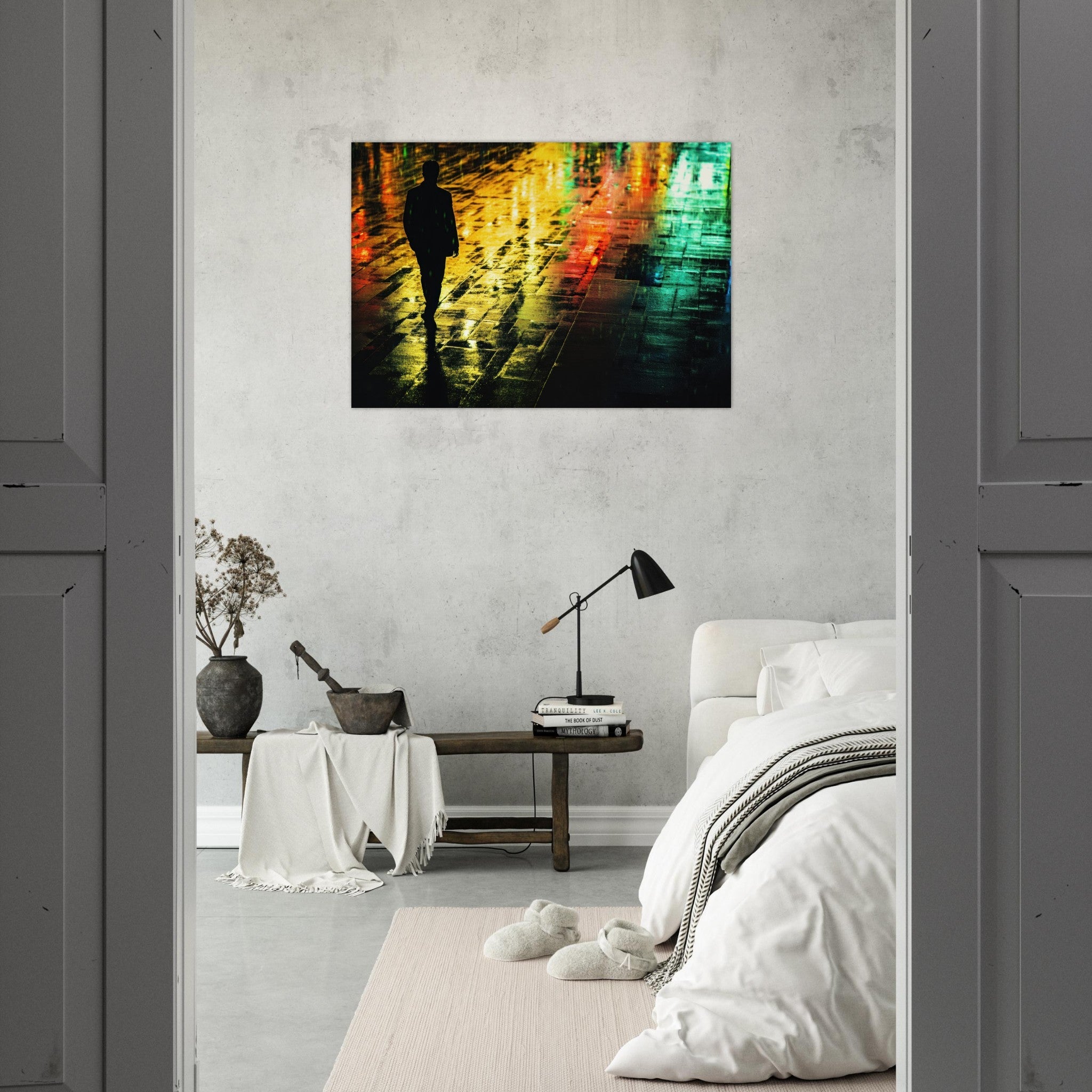 Aluminum Print Landscape - A man walks alone in the pouring rain his figure 2 - Shop Ai Art WebShop - Digital Art online Store