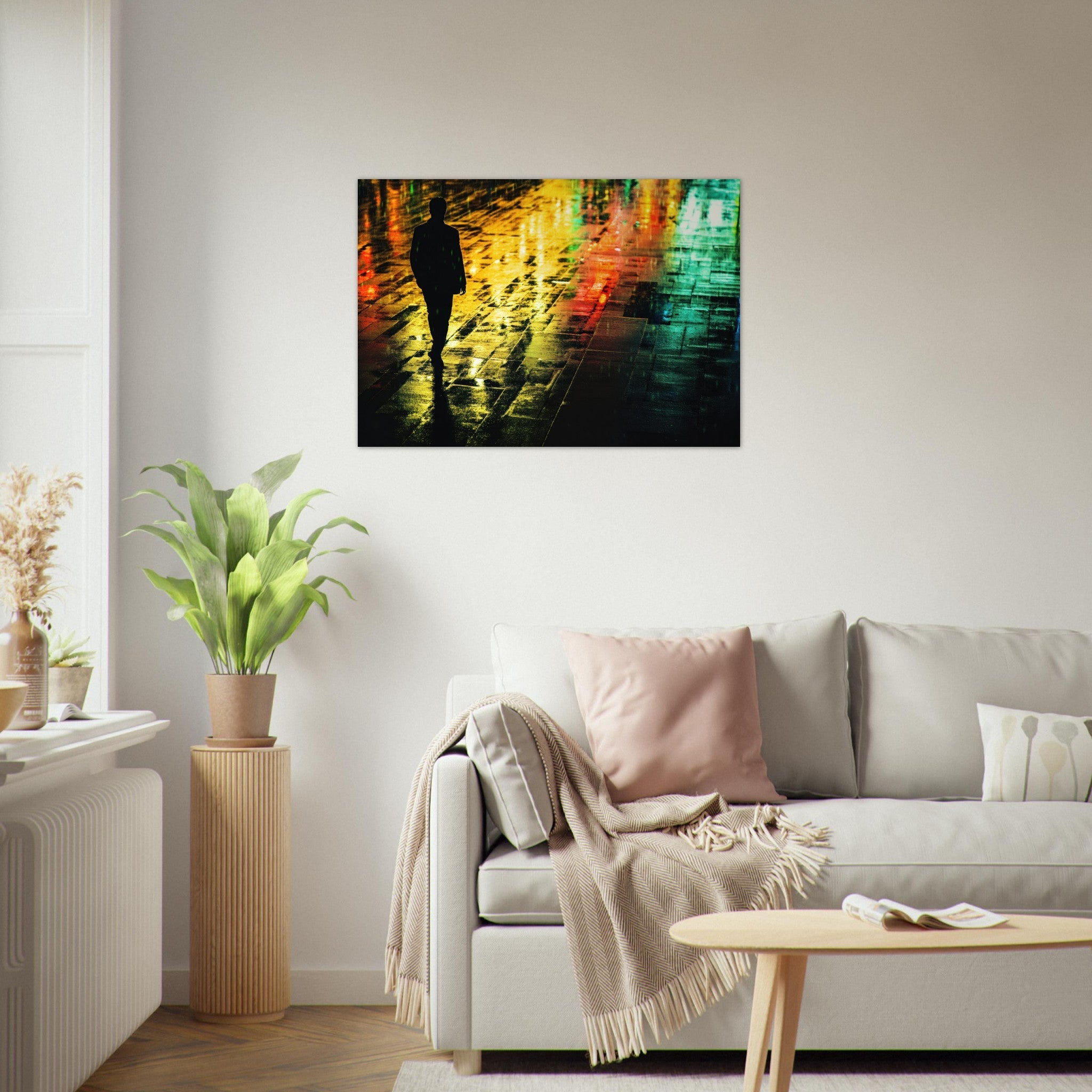 Aluminum Print Landscape - A man walks alone in the pouring rain his figure 2 - Shop Ai Art WebShop - Digital Art online Store