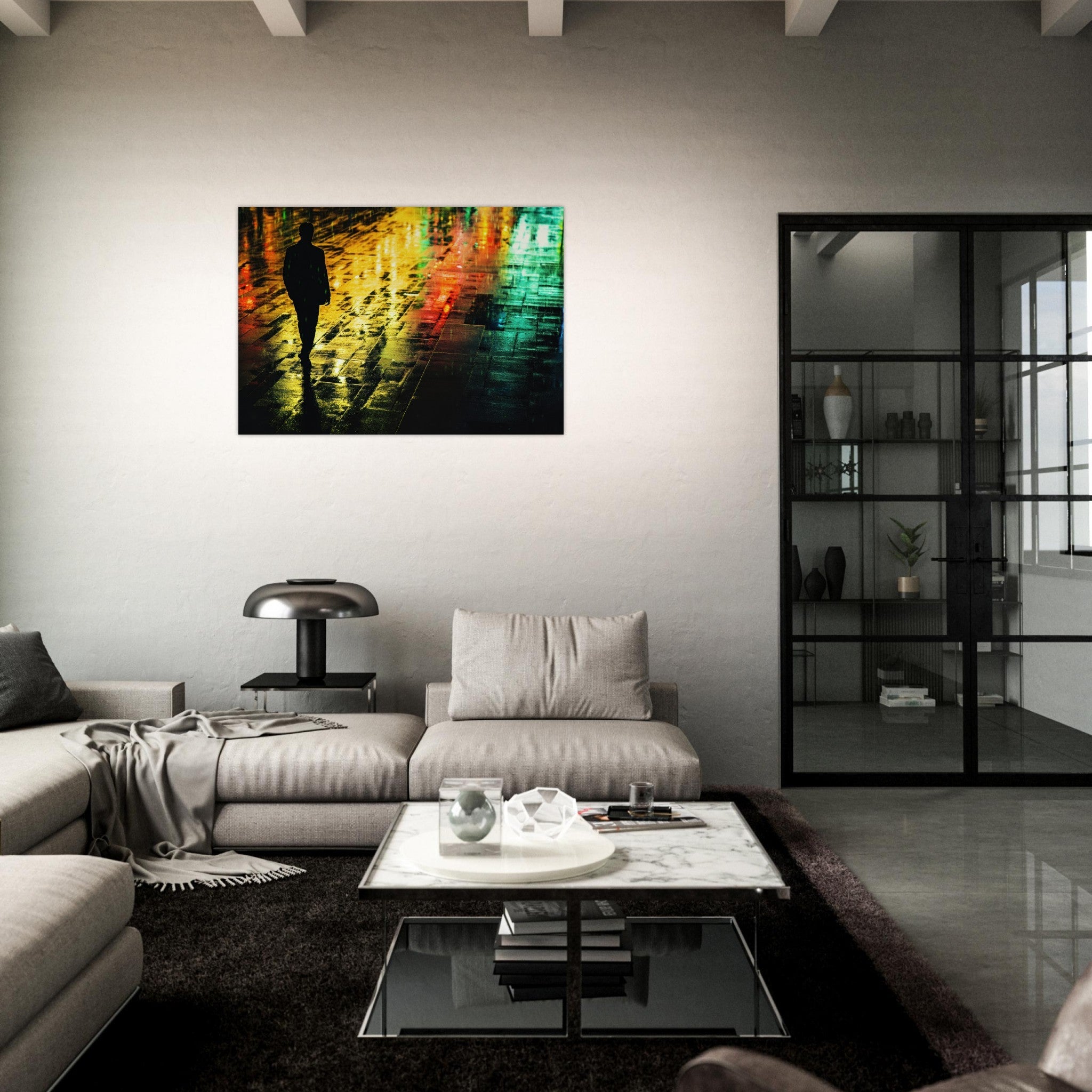 Aluminum Print Landscape - A man walks alone in the pouring rain his figure 2 - Shop Ai Art WebShop - Digital Art online Store