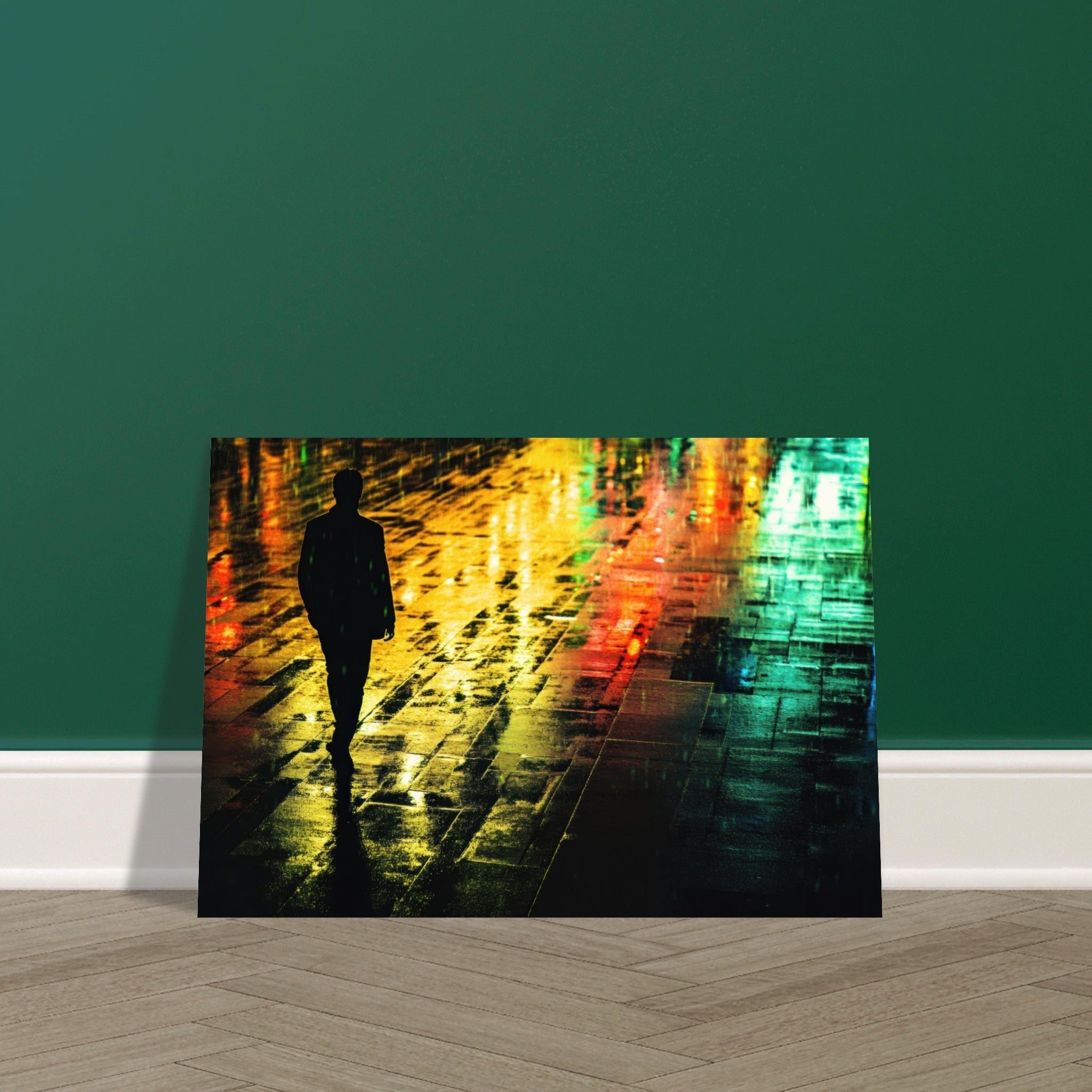 Aluminum Print Landscape - A man walks alone in the pouring rain his figure 2 - Shop Ai Art WebShop - Digital Art online Store