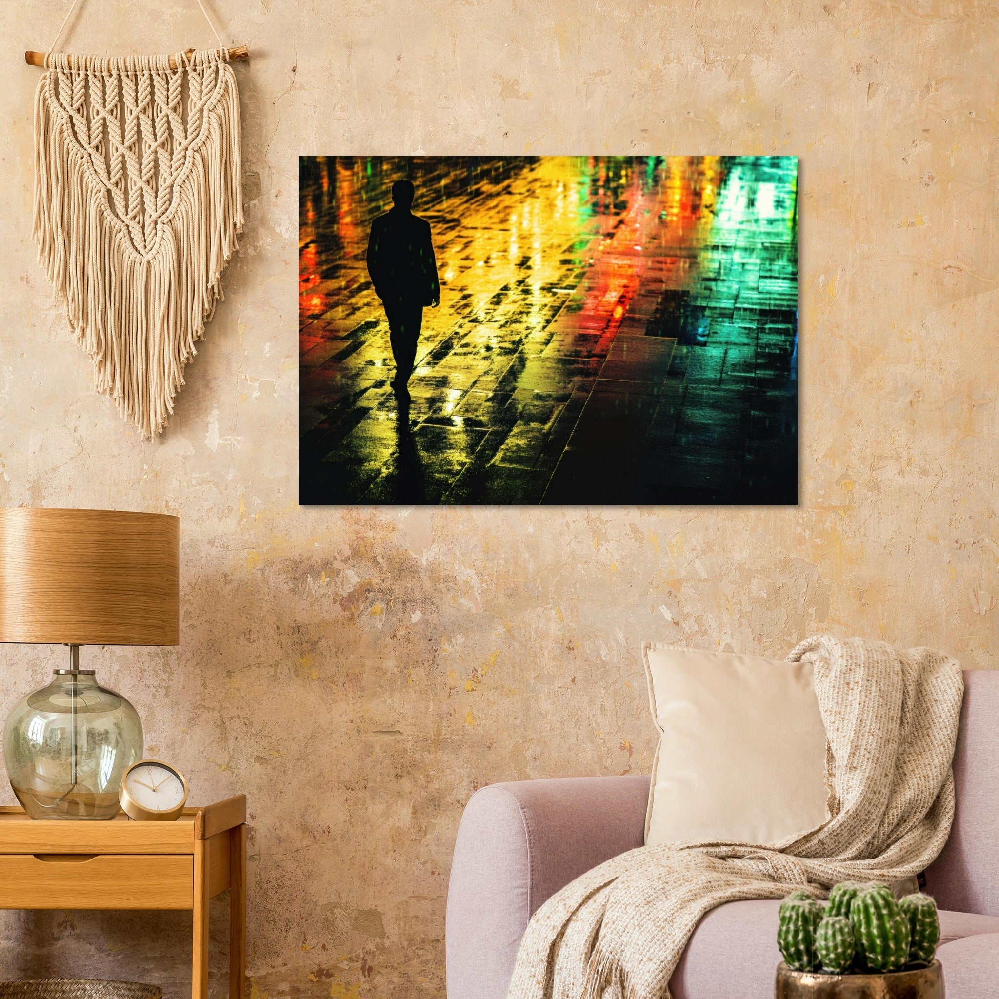 Aluminum Print Landscape - A man walks alone in the pouring rain his figure 2 - Shop Ai Art WebShop - Digital Art online Store