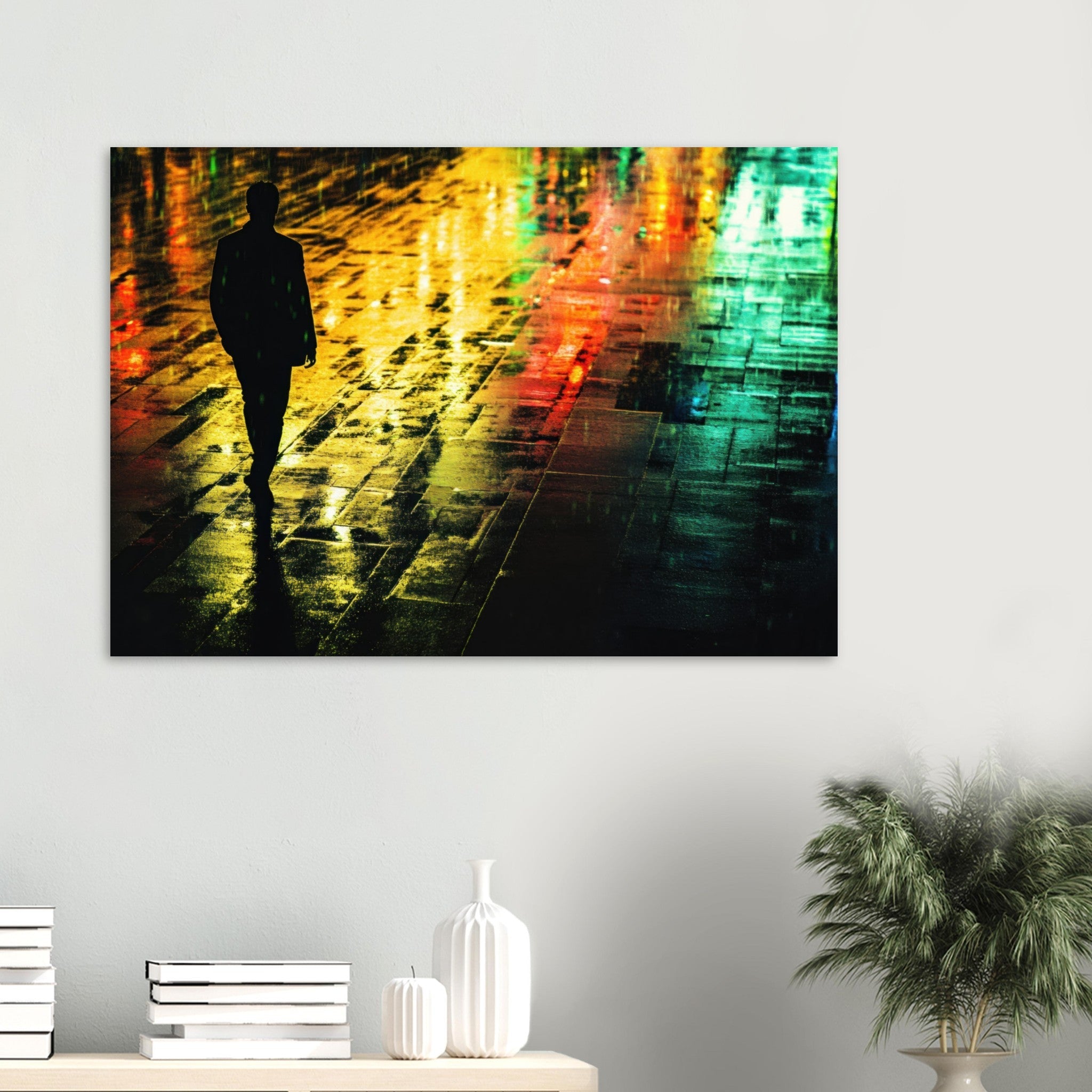 Aluminum Print Landscape - A man walks alone in the pouring rain his figure 2 - Shop Ai Art WebShop - Digital Art online Store