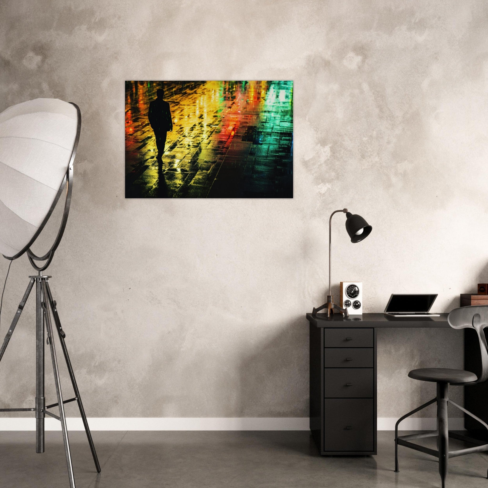 Aluminum Print Landscape - A man walks alone in the pouring rain his figure 2 - Shop Ai Art WebShop - Digital Art online Store