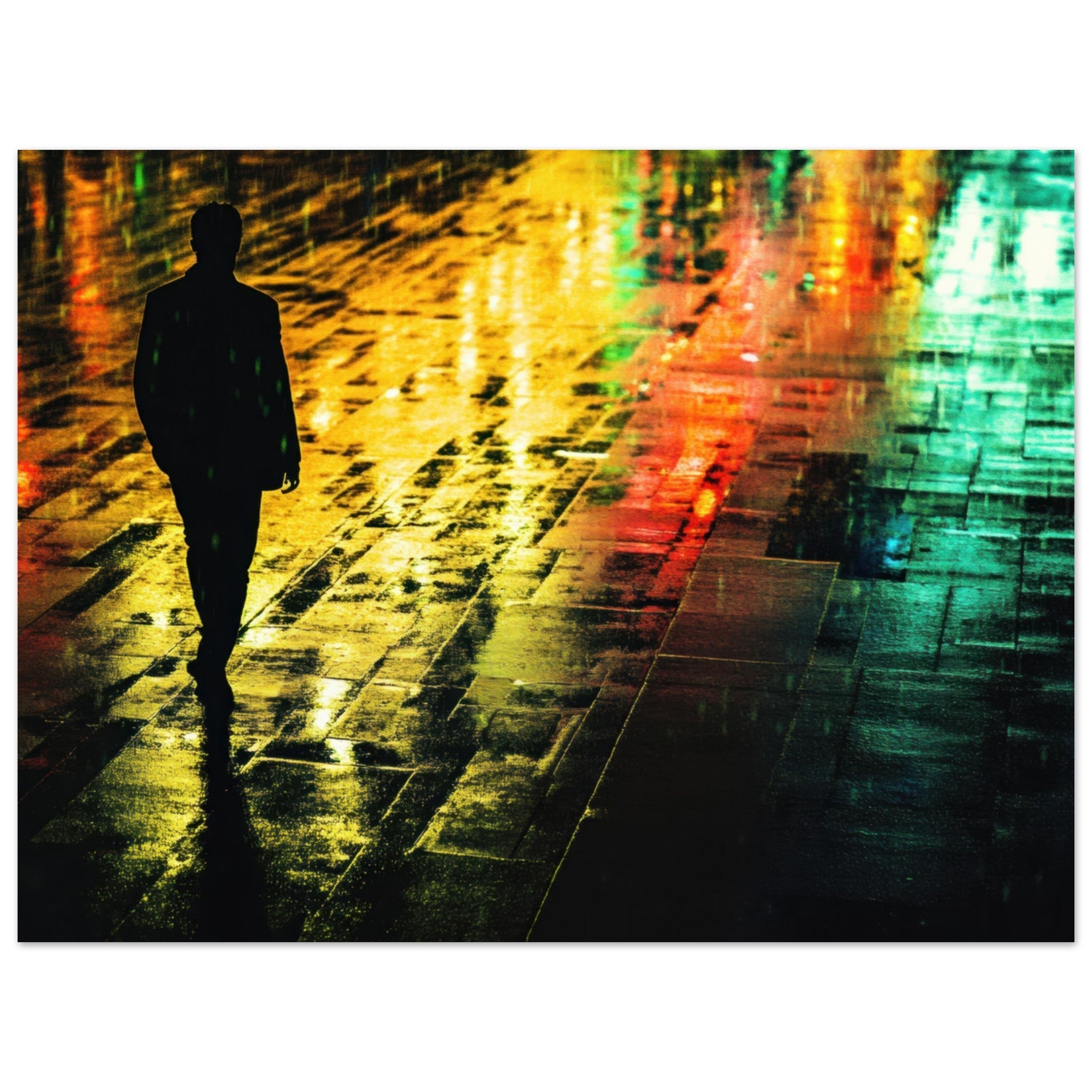 Aluminum Print Landscape - A man walks alone in the pouring rain his figure 2 - Shop Ai Art WebShop - Digital Art online Store