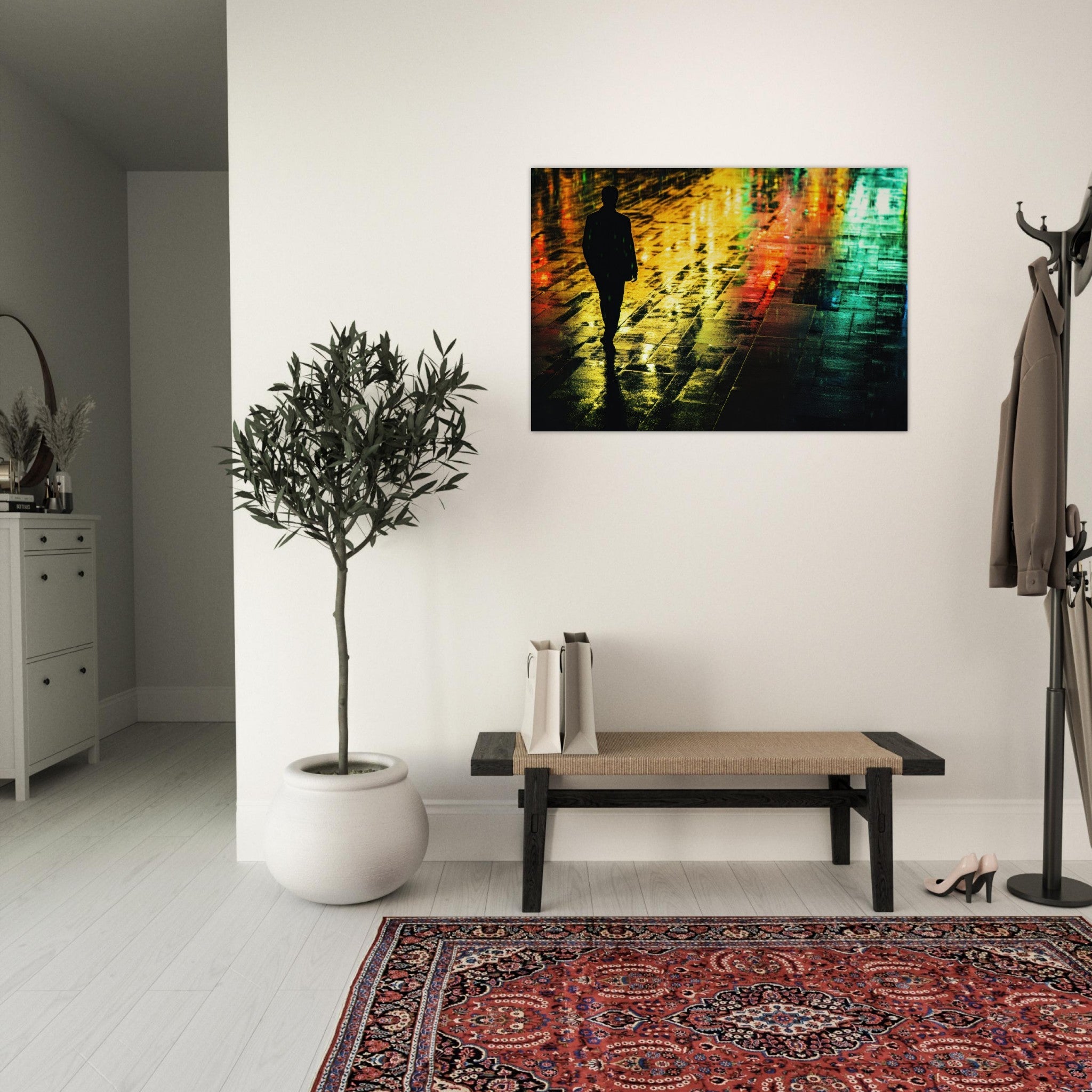 Aluminum Print Landscape - A man walks alone in the pouring rain his figure 2 - Shop Ai Art WebShop - Digital Art online Store