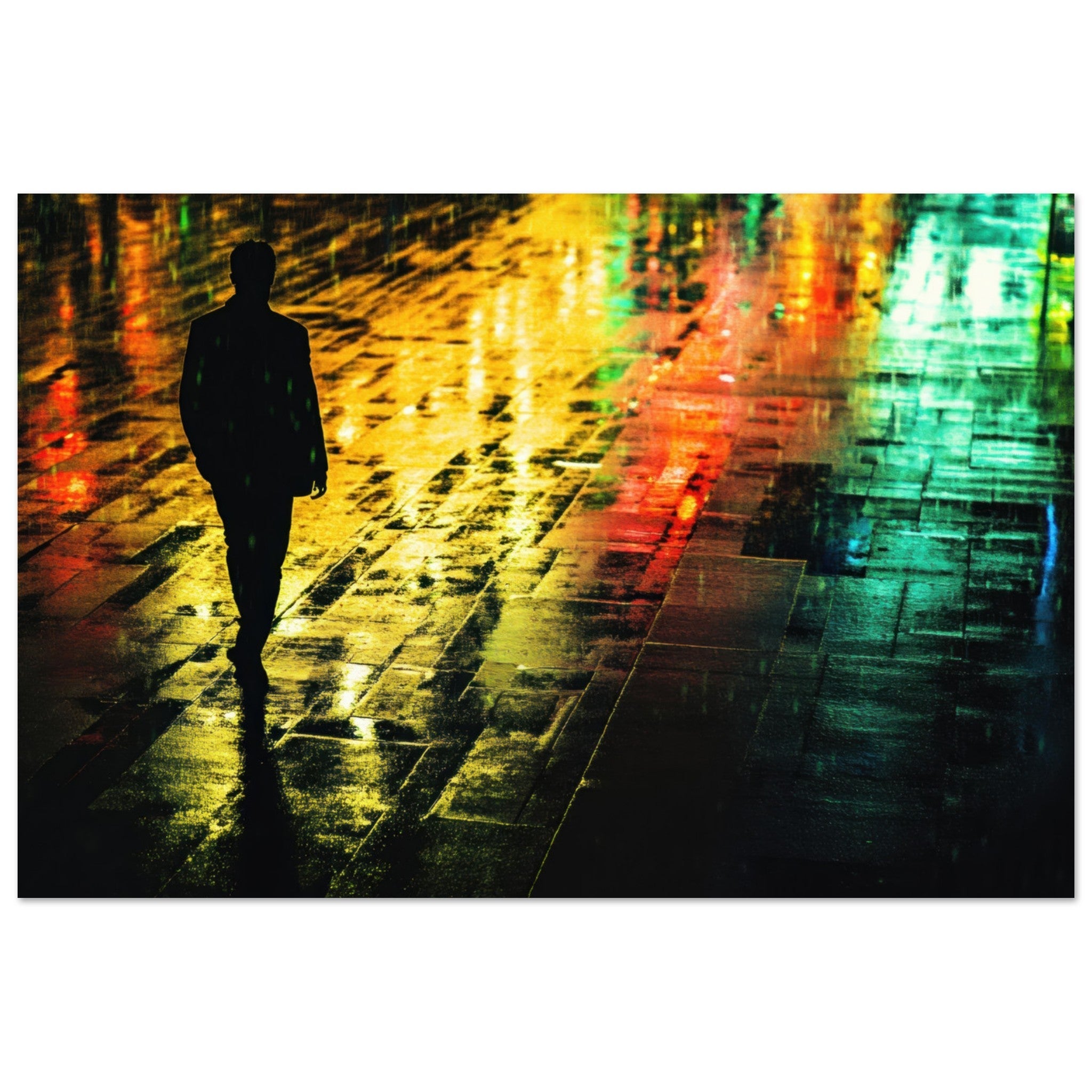 Aluminum Print Landscape - A man walks alone in the pouring rain his figure 2 - Shop Ai Art WebShop - Digital Art online Store