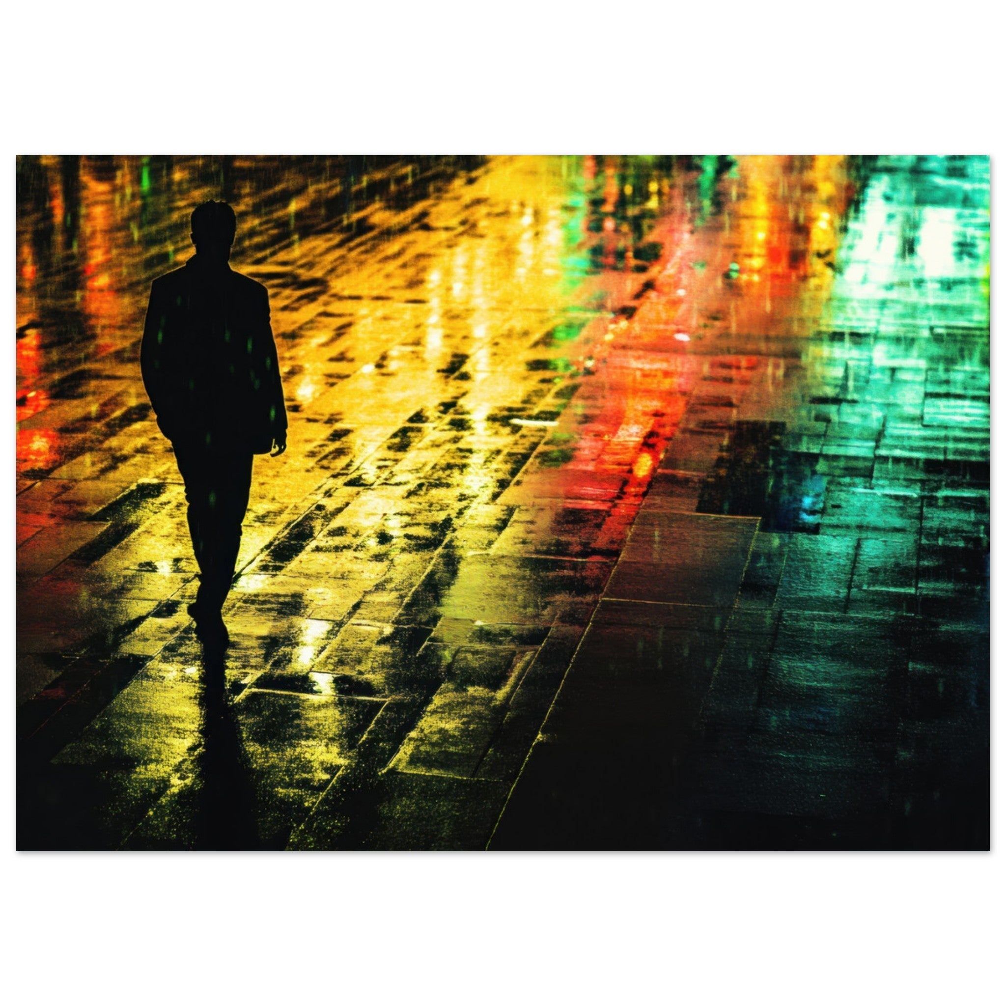 Aluminum Print Landscape - A man walks alone in the pouring rain his figure 2 - Shop Ai Art WebShop - Digital Art online Store