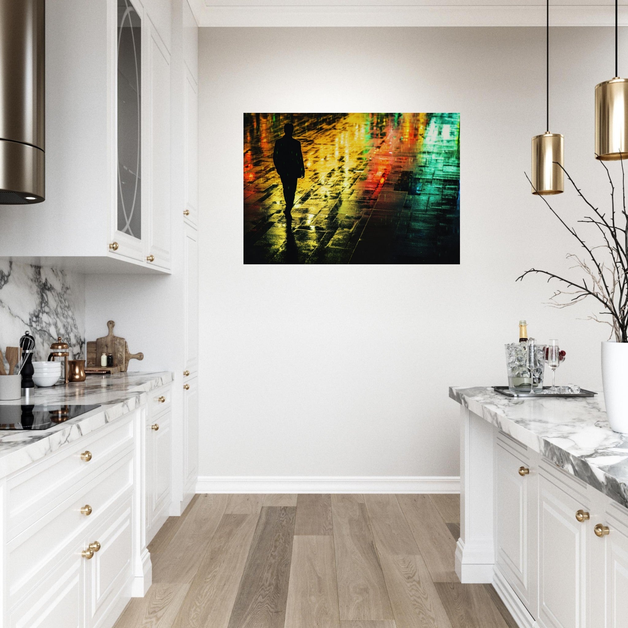 Aluminum Print Landscape - A man walks alone in the pouring rain his figure 2 - Shop Ai Art WebShop - Digital Art online Store