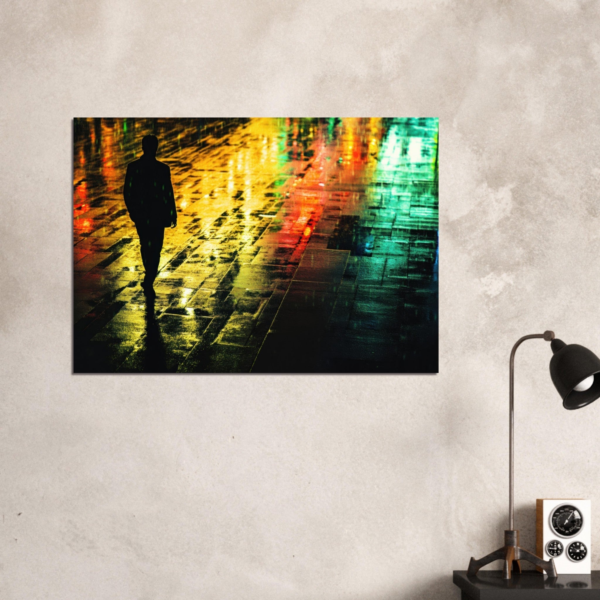 Aluminum Print Landscape - A man walks alone in the pouring rain his figure 2 - Shop Ai Art WebShop - Digital Art online Store