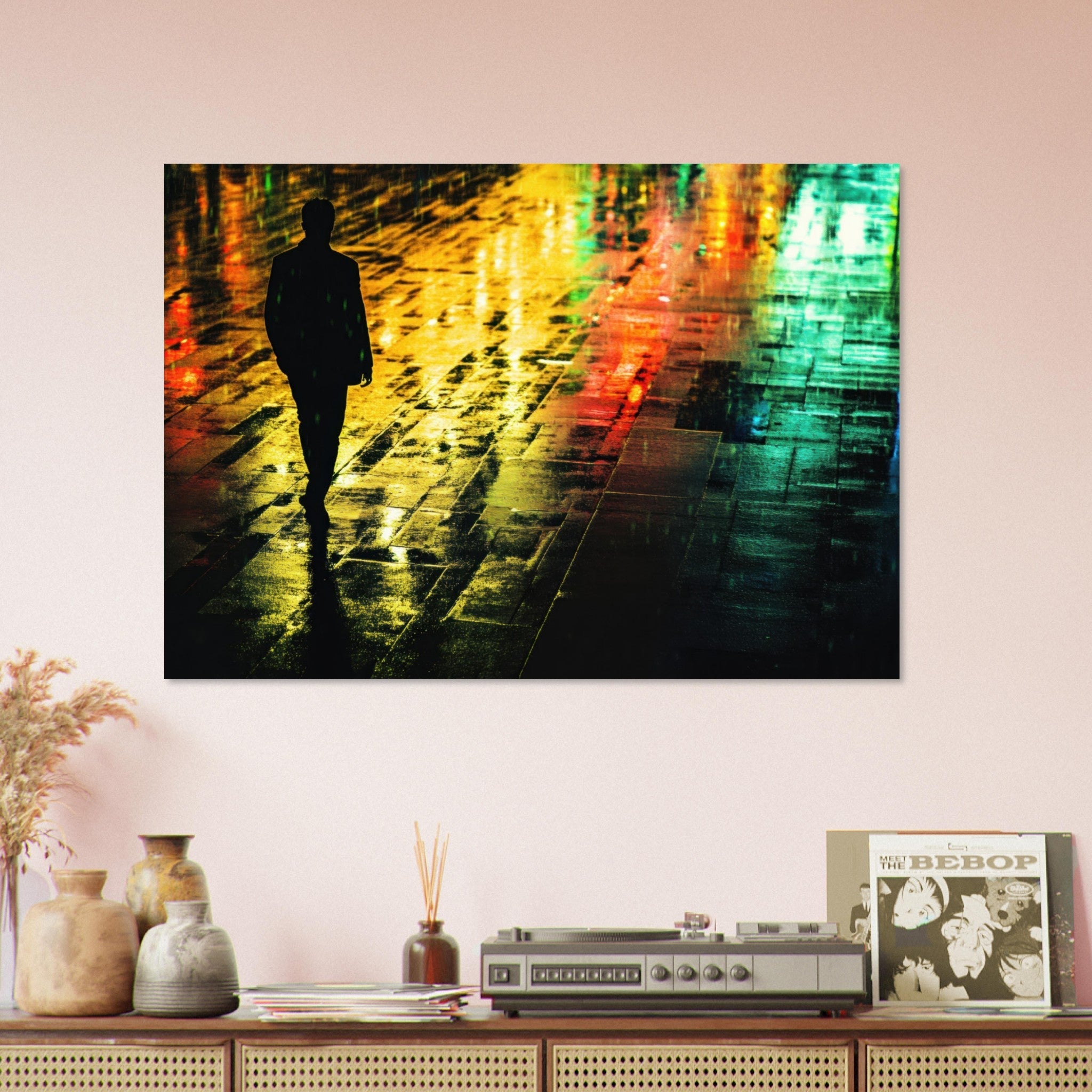 Aluminum Print Landscape - A man walks alone in the pouring rain his figure 2 - Shop Ai Art WebShop - Digital Art online Store