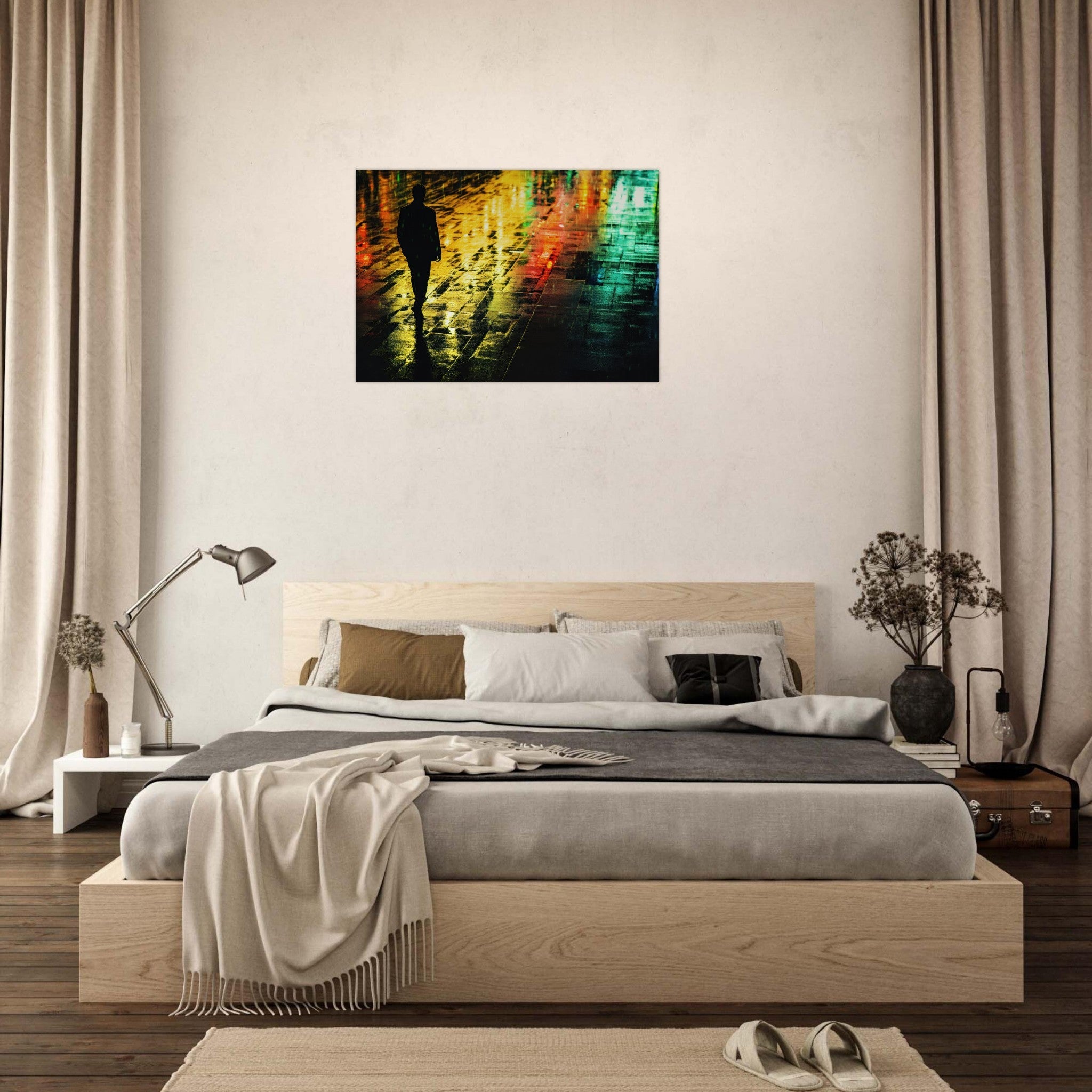 Aluminum Print Landscape - A man walks alone in the pouring rain his figure 2 - Shop Ai Art WebShop - Digital Art online Store
