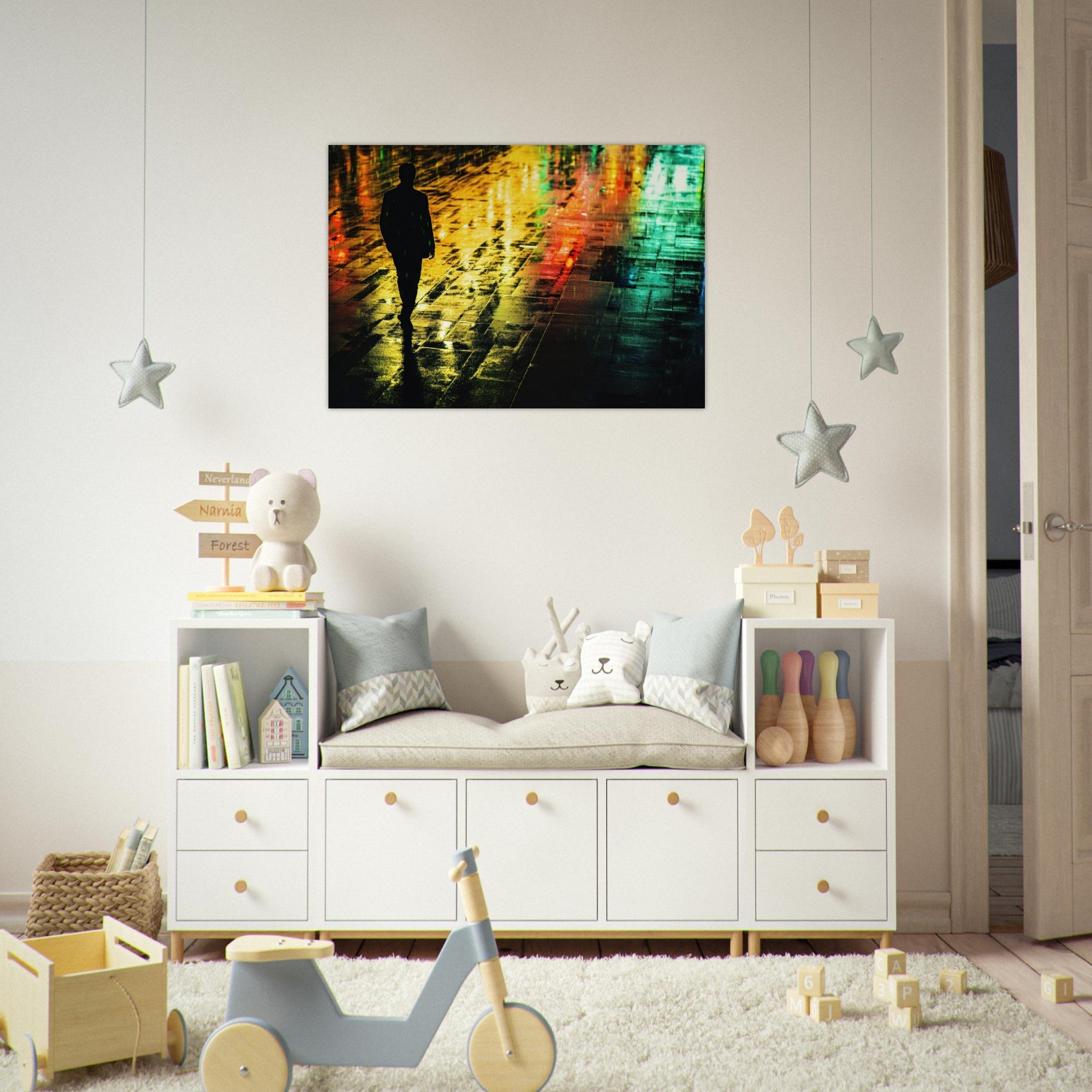 Aluminum Print Landscape - A man walks alone in the pouring rain his figure 2 - Shop Ai Art WebShop - Digital Art online Store