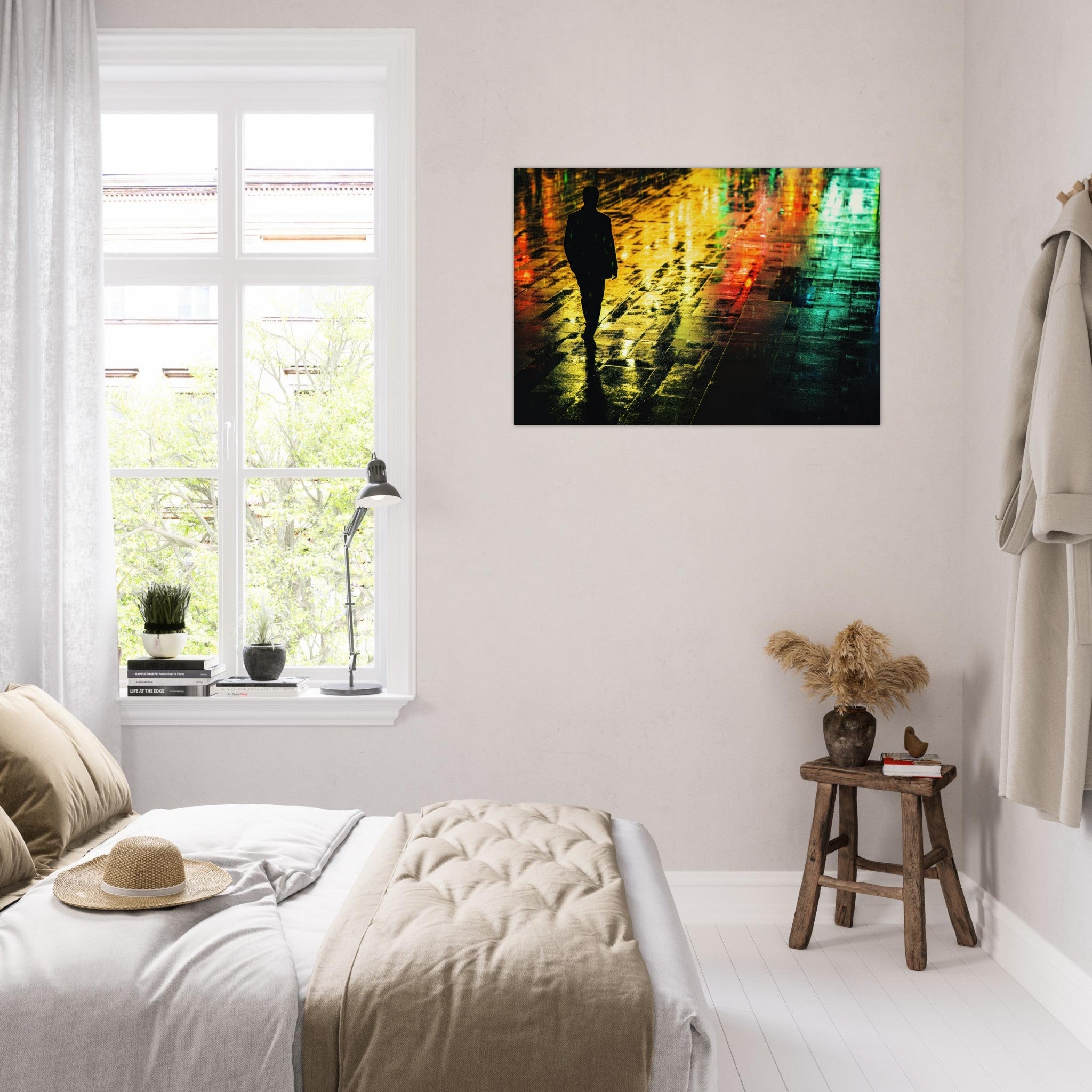 Aluminum Print Landscape - A man walks alone in the pouring rain his figure 2 - Shop Ai Art WebShop - Digital Art online Store