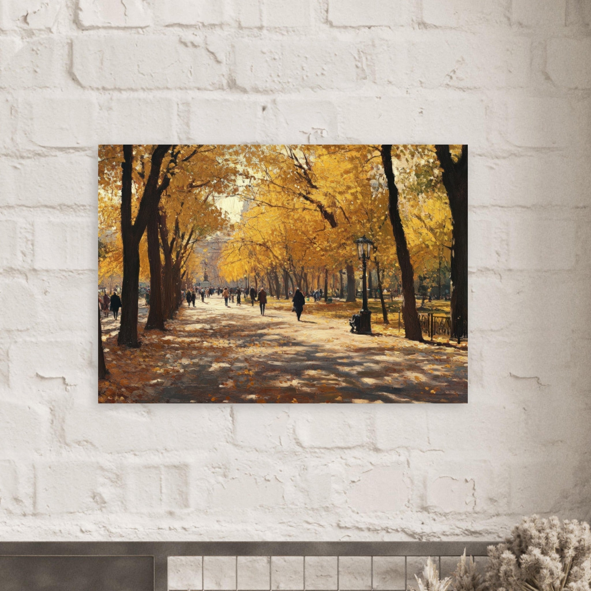 Aluminum Print Landscape - Autumn Park with Strolling Figures A vast park - Shop Ai Art WebShop - Digital Art online Store