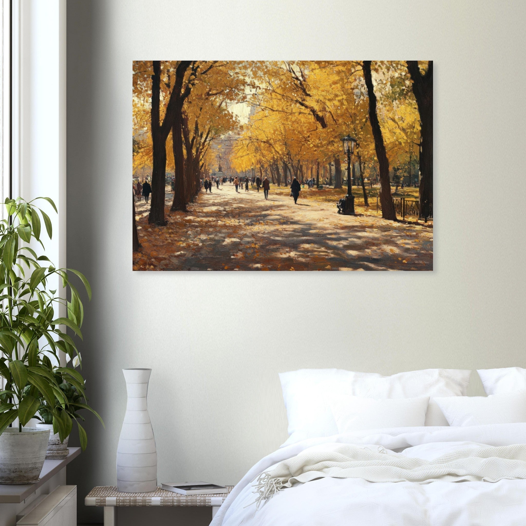 Aluminum Print Landscape - Autumn Park with Strolling Figures A vast park - Shop Ai Art WebShop - Digital Art online Store