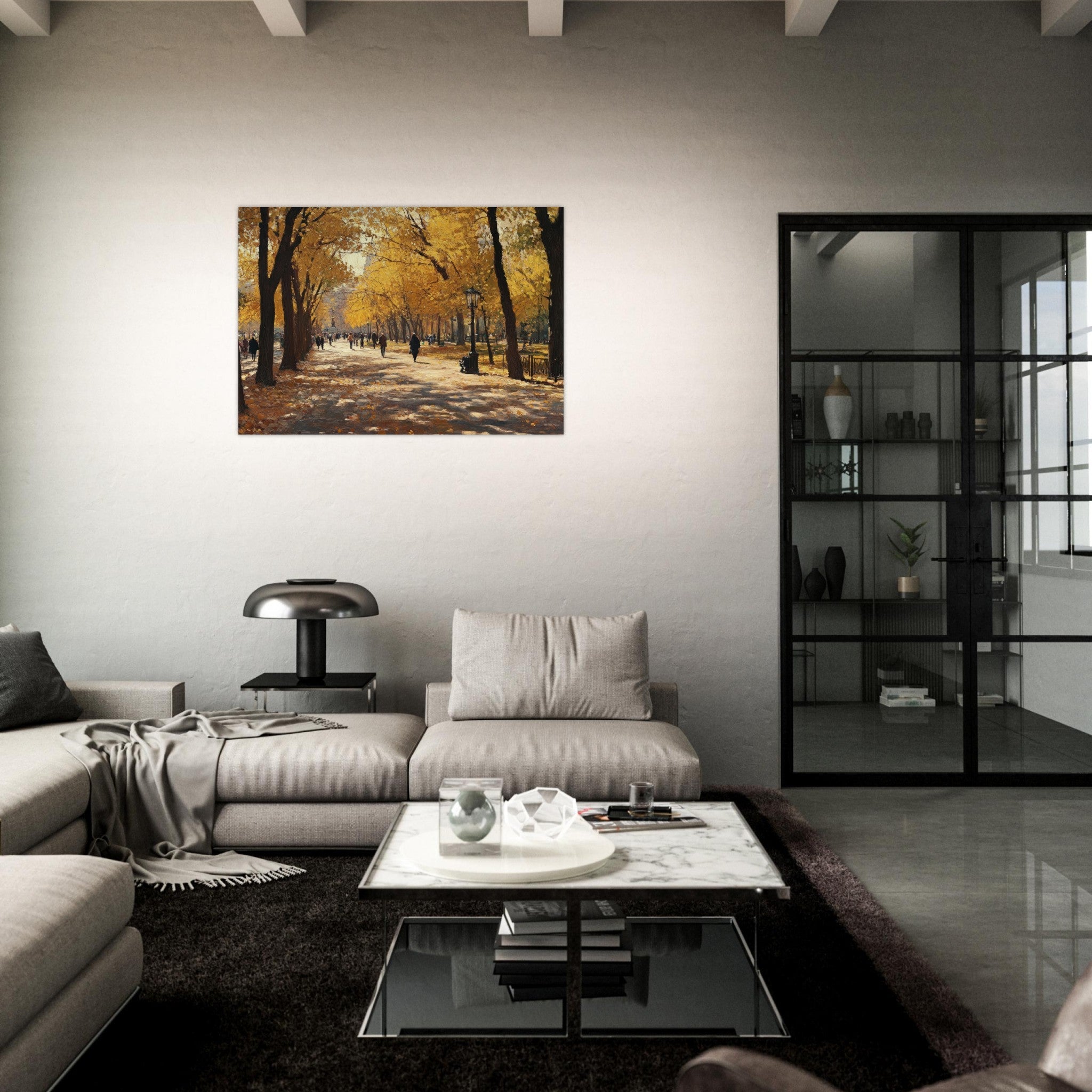 Aluminum Print Landscape - Autumn Park with Strolling Figures A vast park - Shop Ai Art WebShop - Digital Art online Store