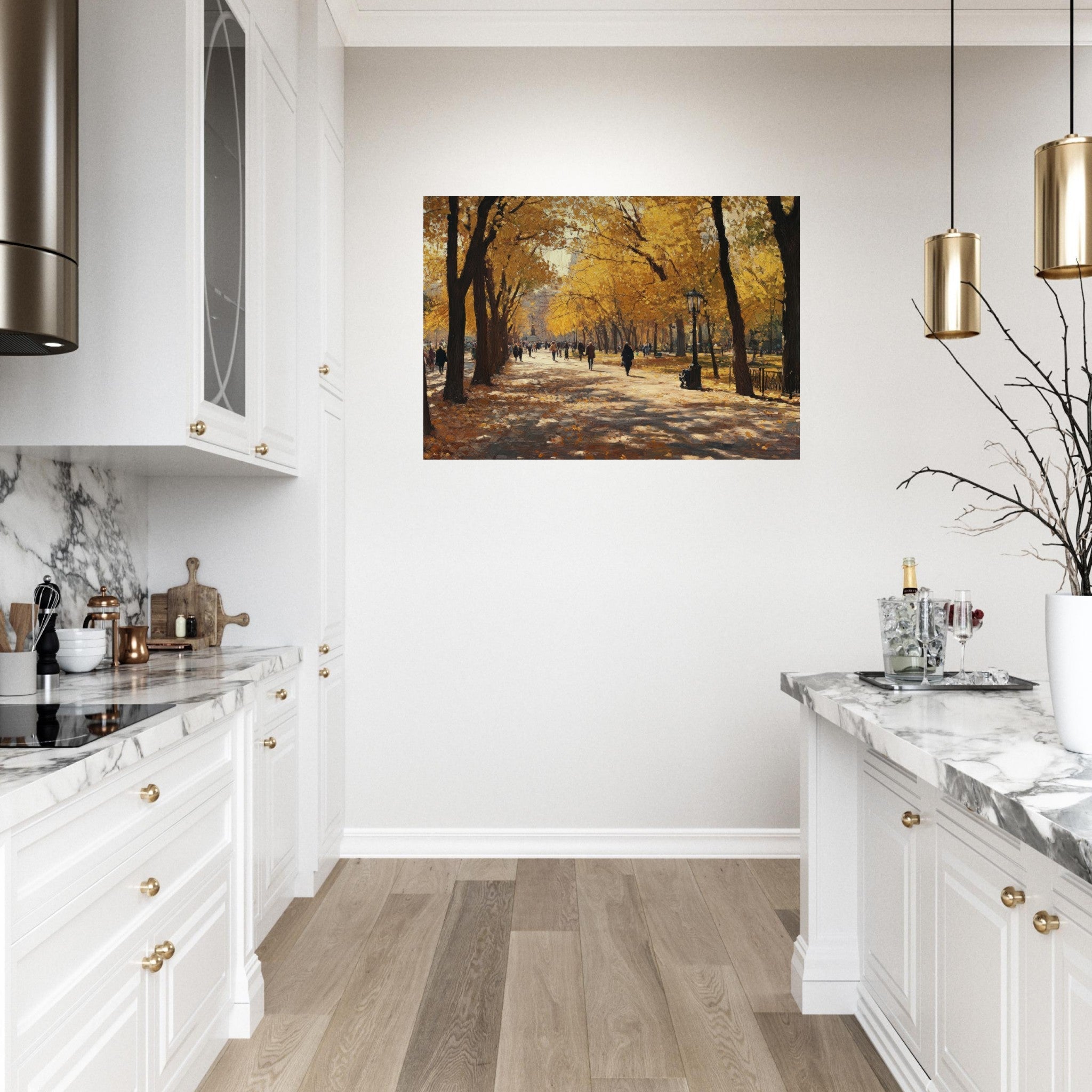 Aluminum Print Landscape - Autumn Park with Strolling Figures A vast park - Shop Ai Art WebShop - Digital Art online Store