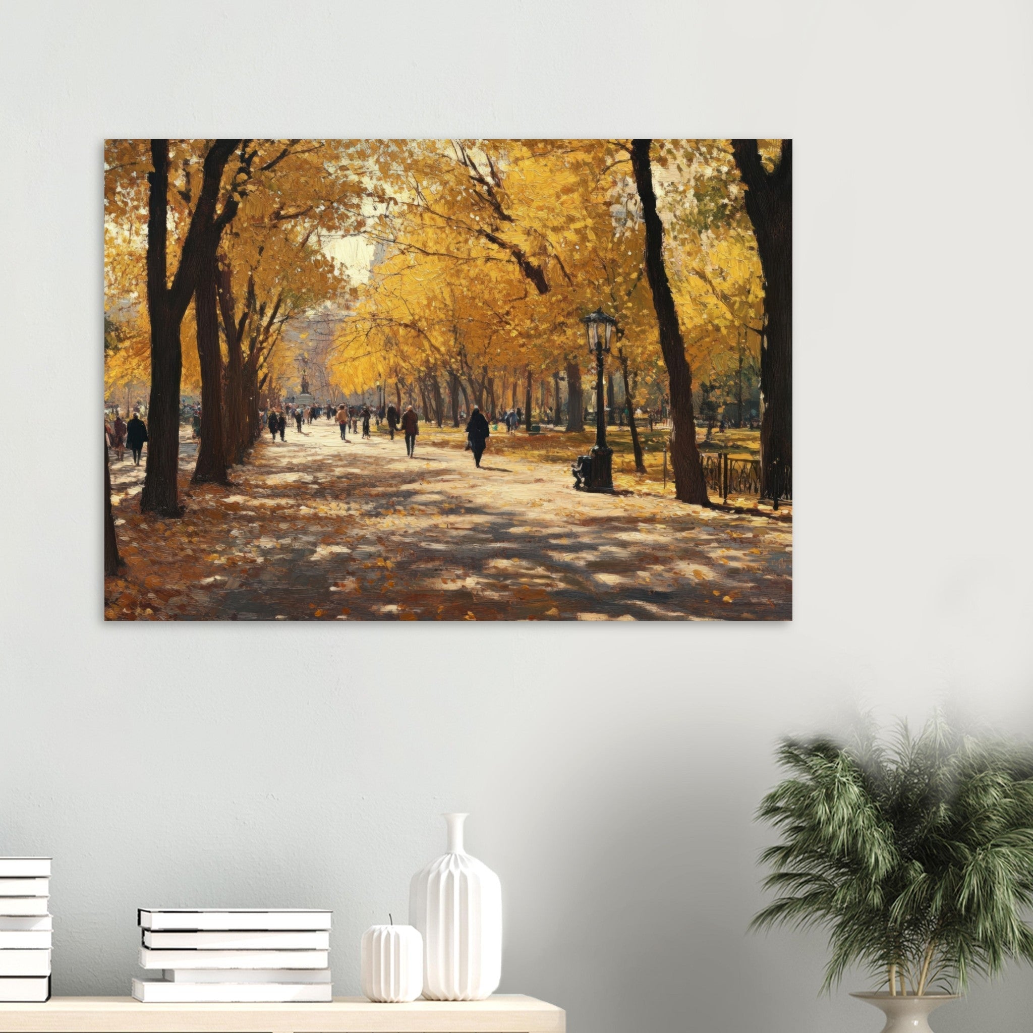 Aluminum Print Landscape - Autumn Park with Strolling Figures A vast park - Shop Ai Art WebShop - Digital Art online Store