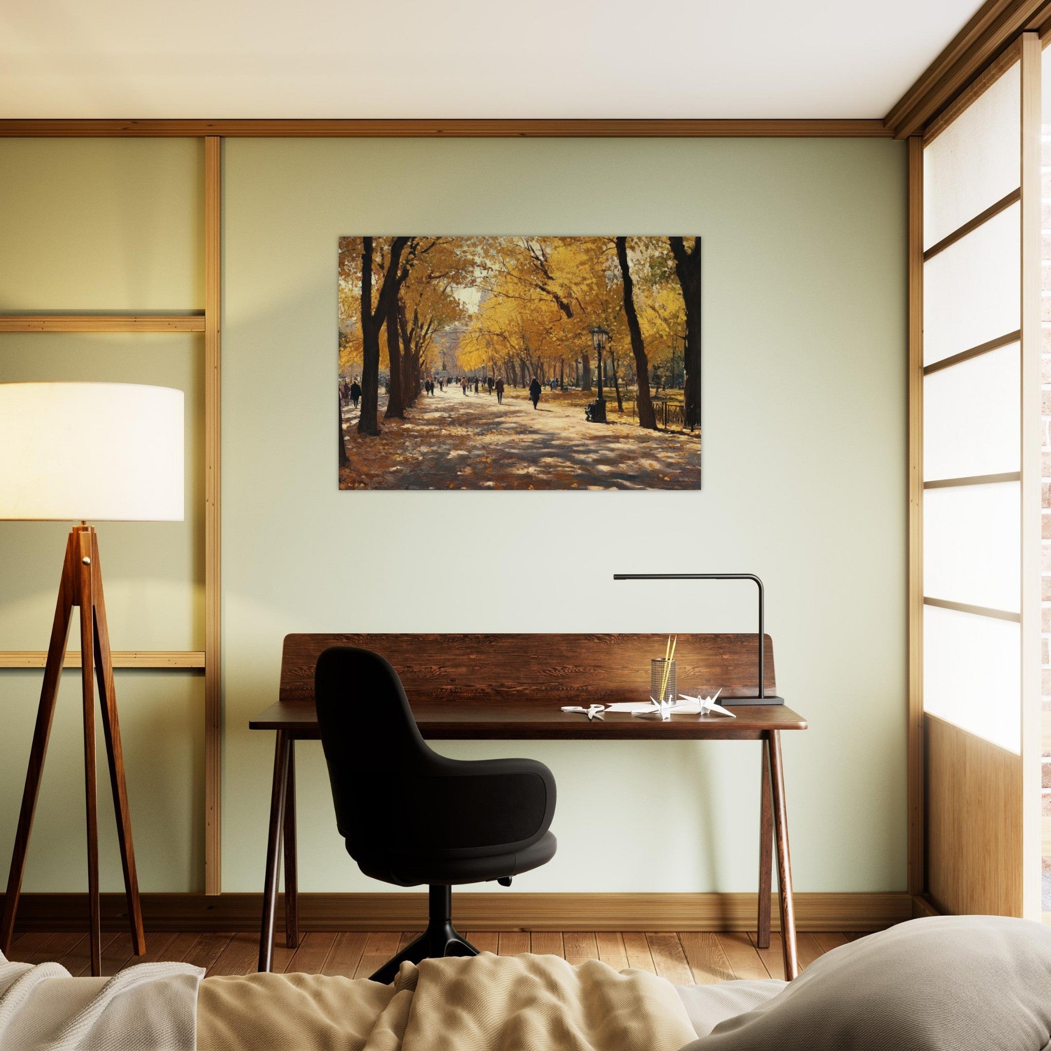Aluminum Print Landscape - Autumn Park with Strolling Figures A vast park - Shop Ai Art WebShop - Digital Art online Store