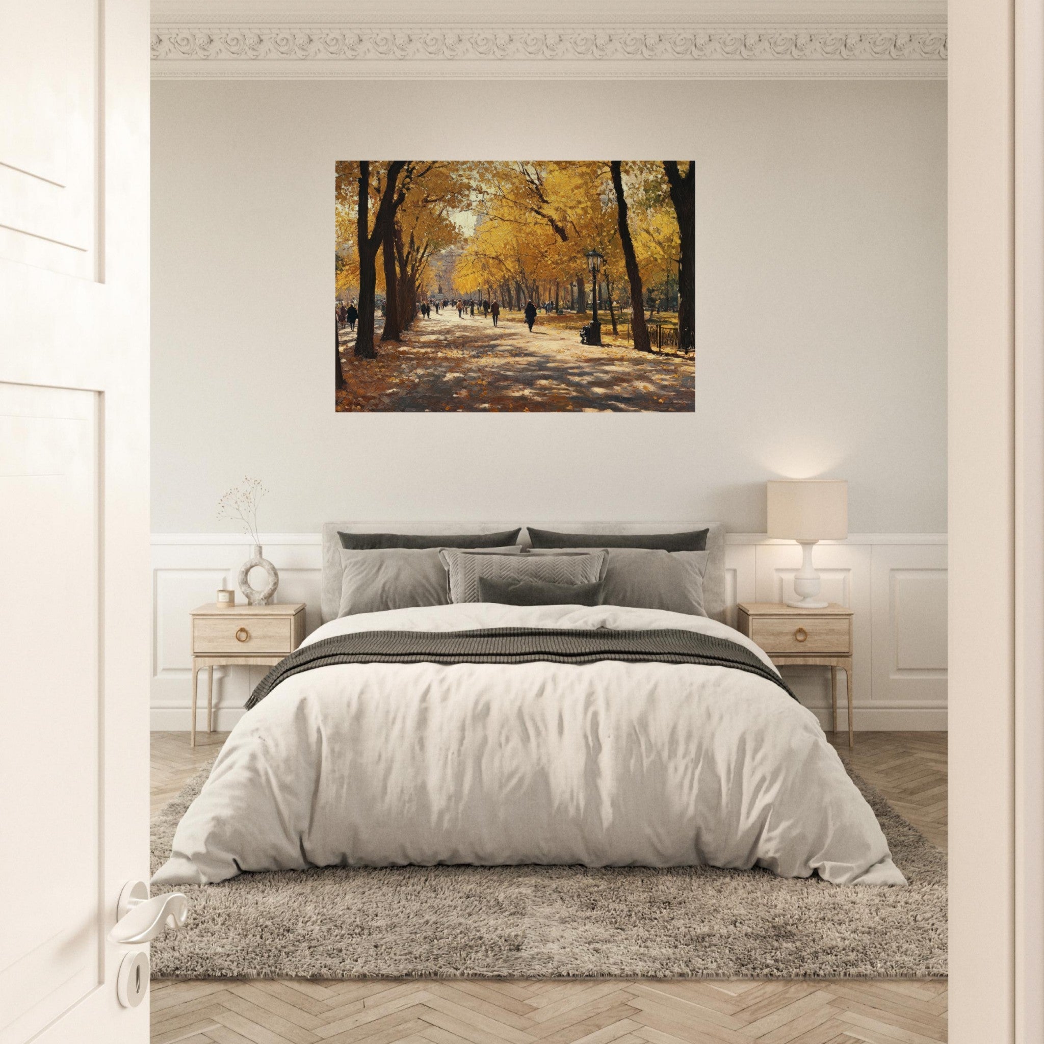 Aluminum Print Landscape - Autumn Park with Strolling Figures A vast park - Shop Ai Art WebShop - Digital Art online Store