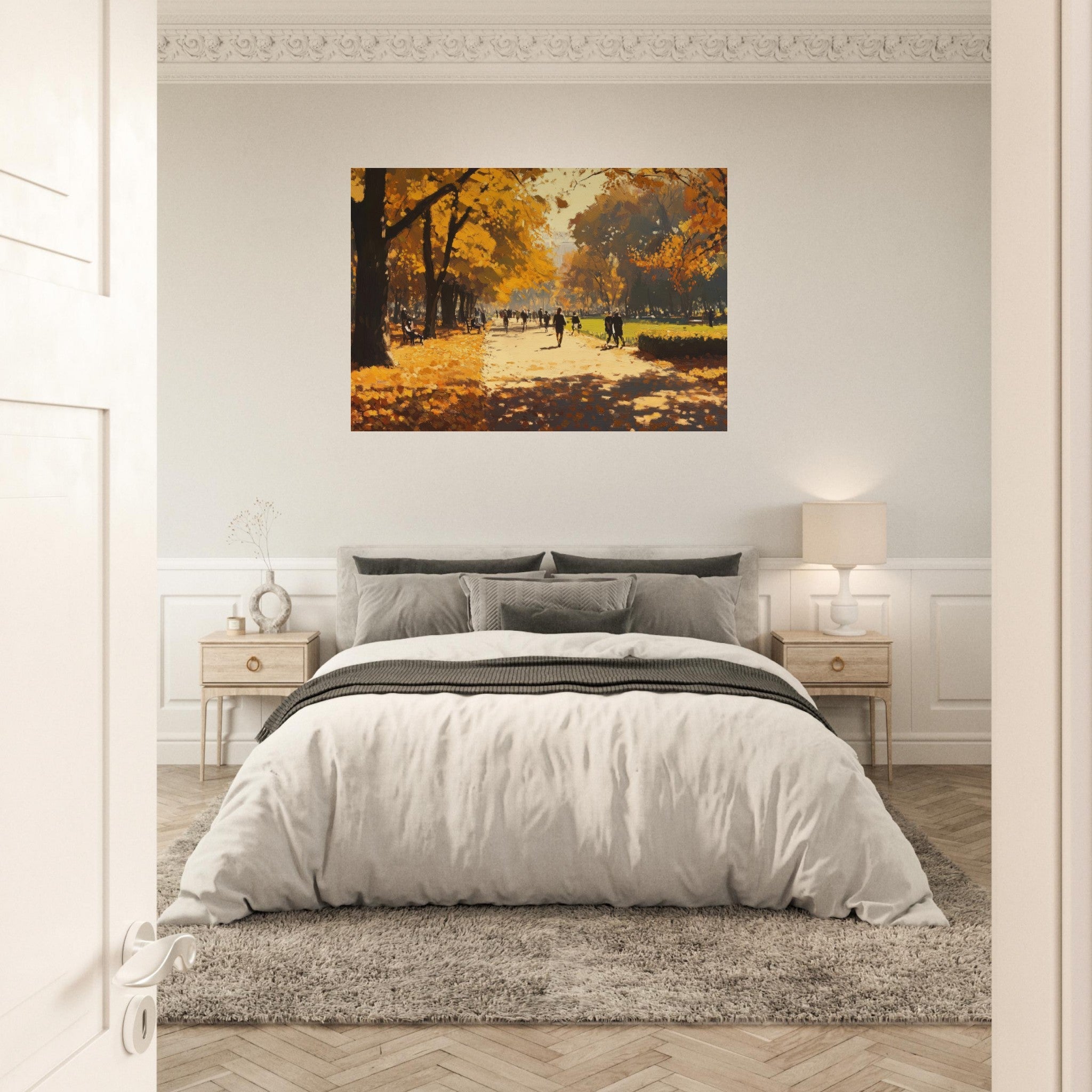 Aluminum Print Landscape - Autumn Park with Strolling Figures A vast park 3 - Shop Ai Art WebShop - Digital Art online Store